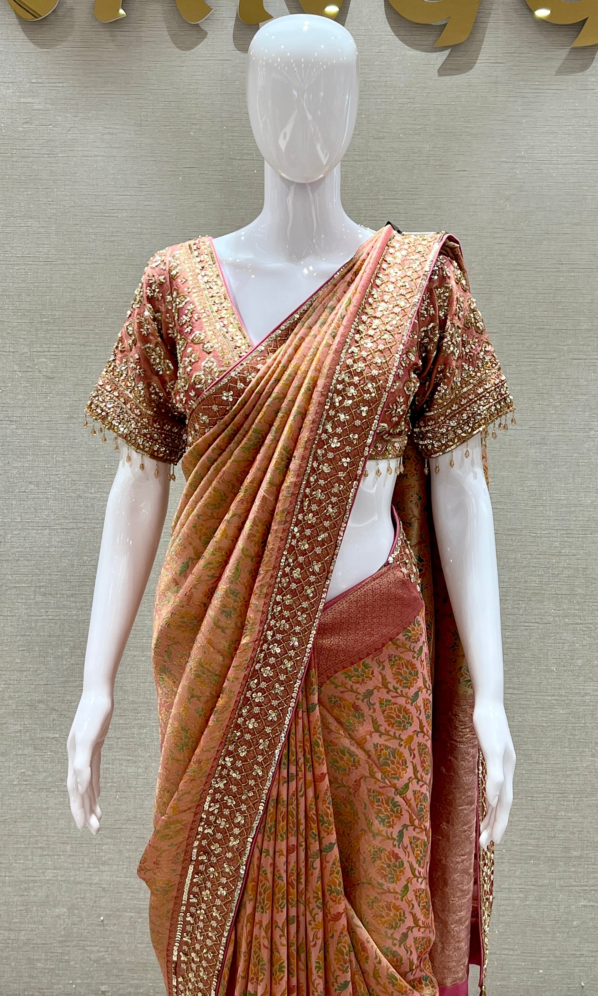 Pink saree with ready blouse
