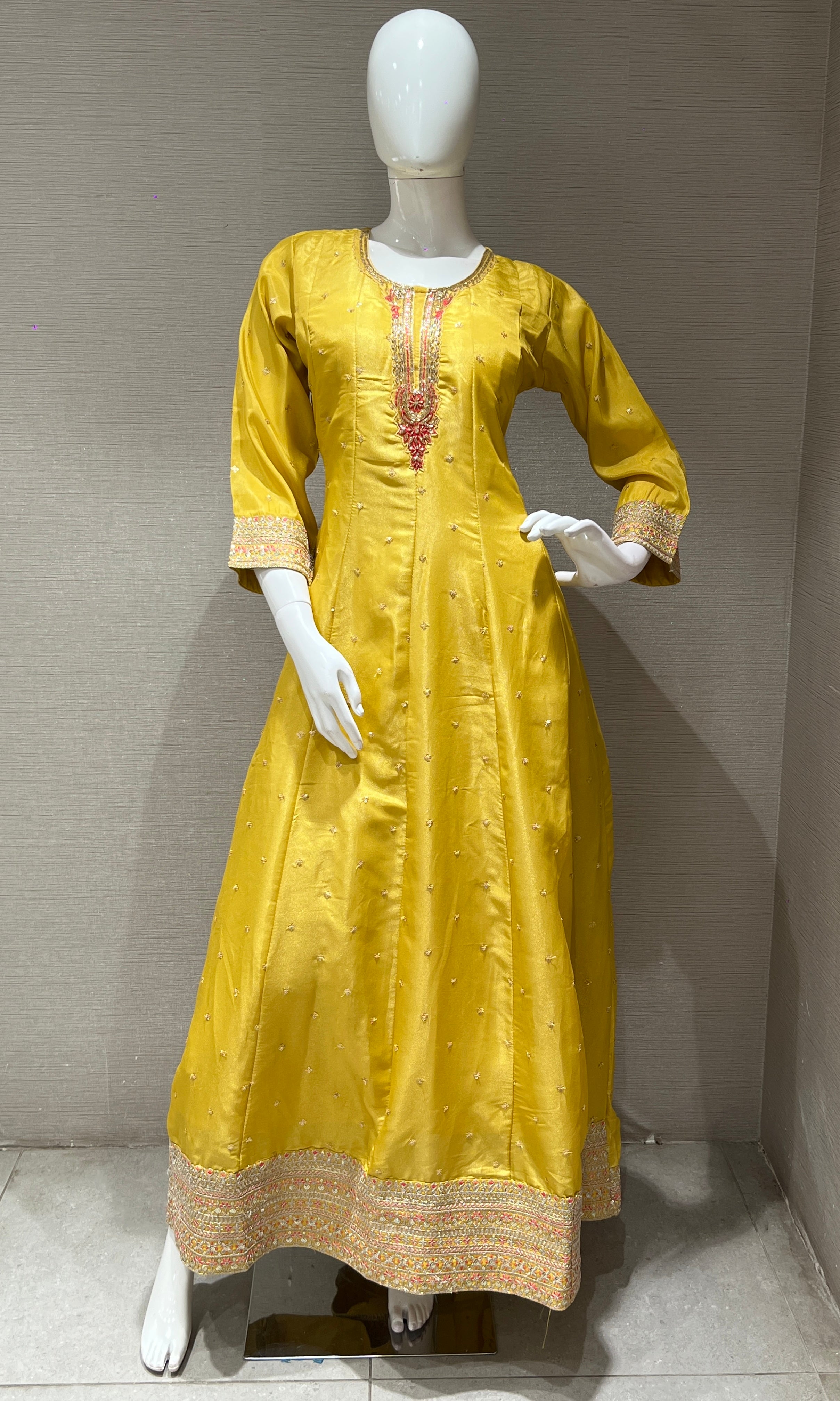Yellow Long Dress with Floral Dupatta