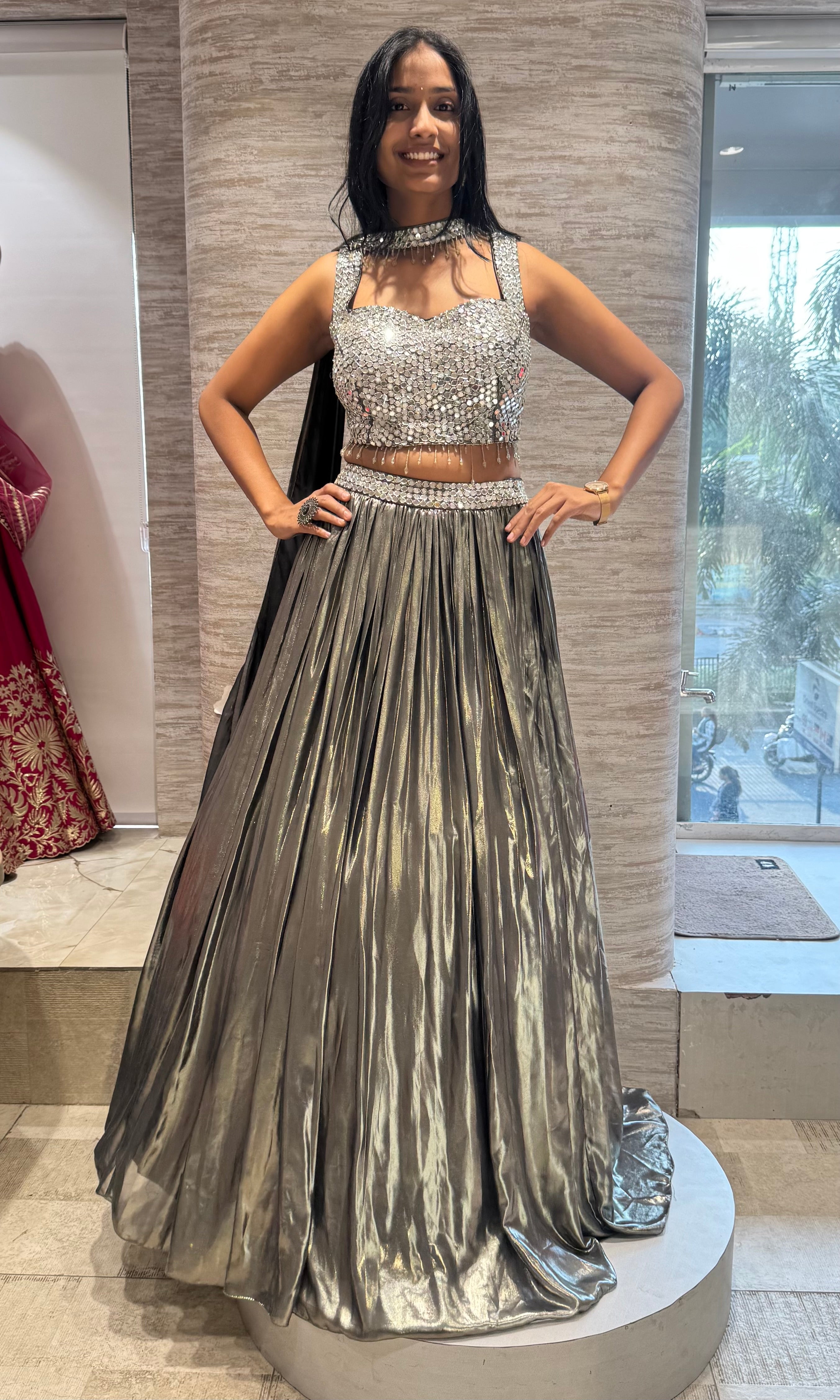 OLIVE GREEN pleated metallic LEHENGA SET