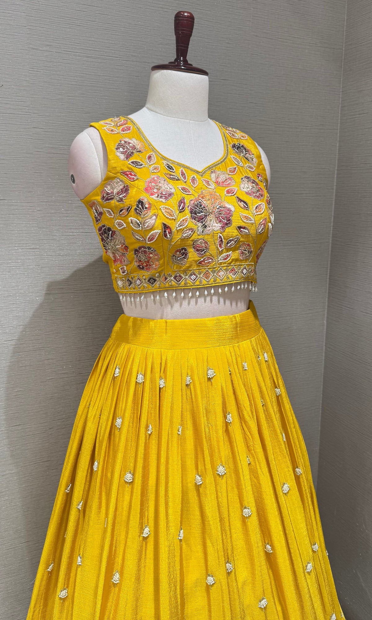 yellow Tissue silk Multi Floral Crop Top Lehenga set