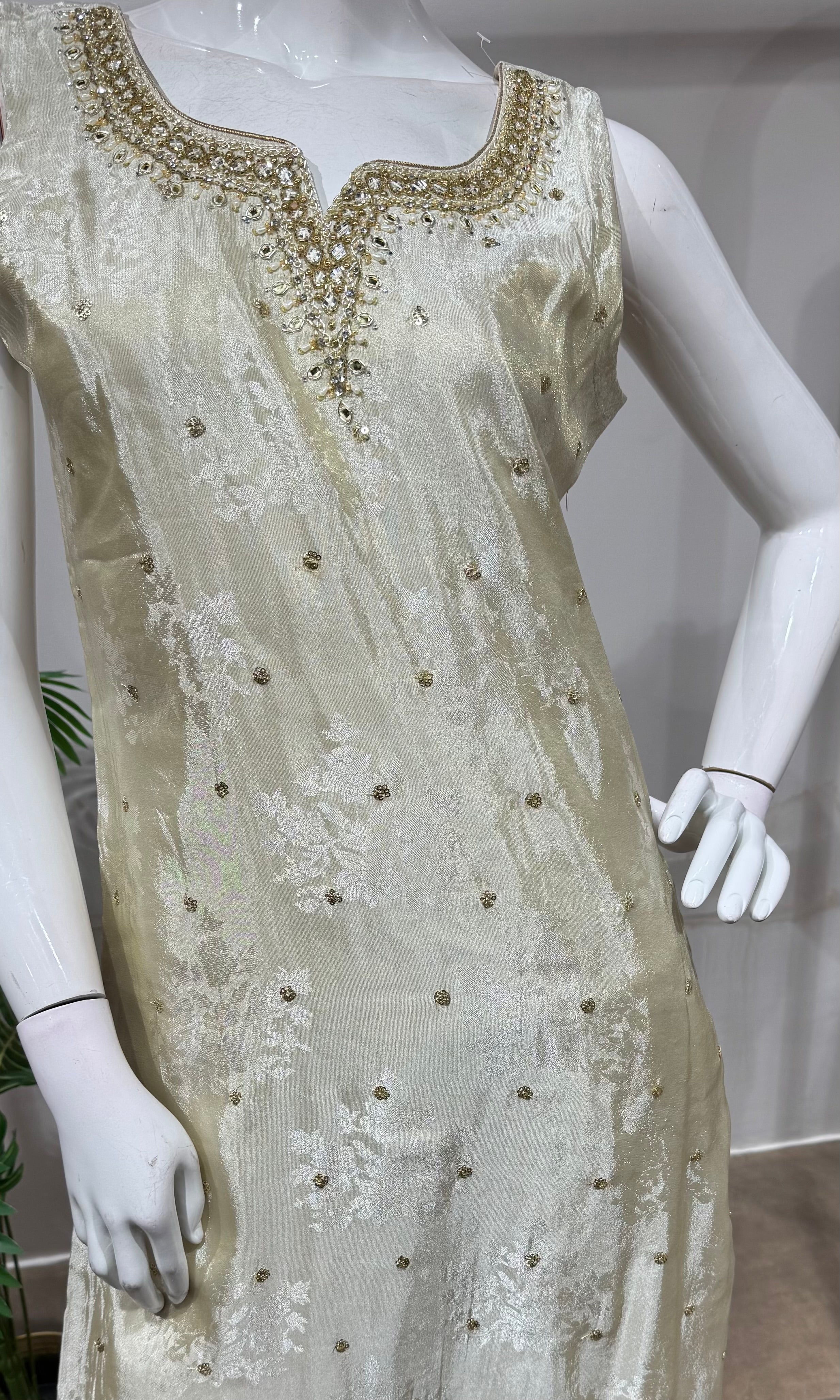 Cream & Gold Floral Embroidered Kurta with Dupatta