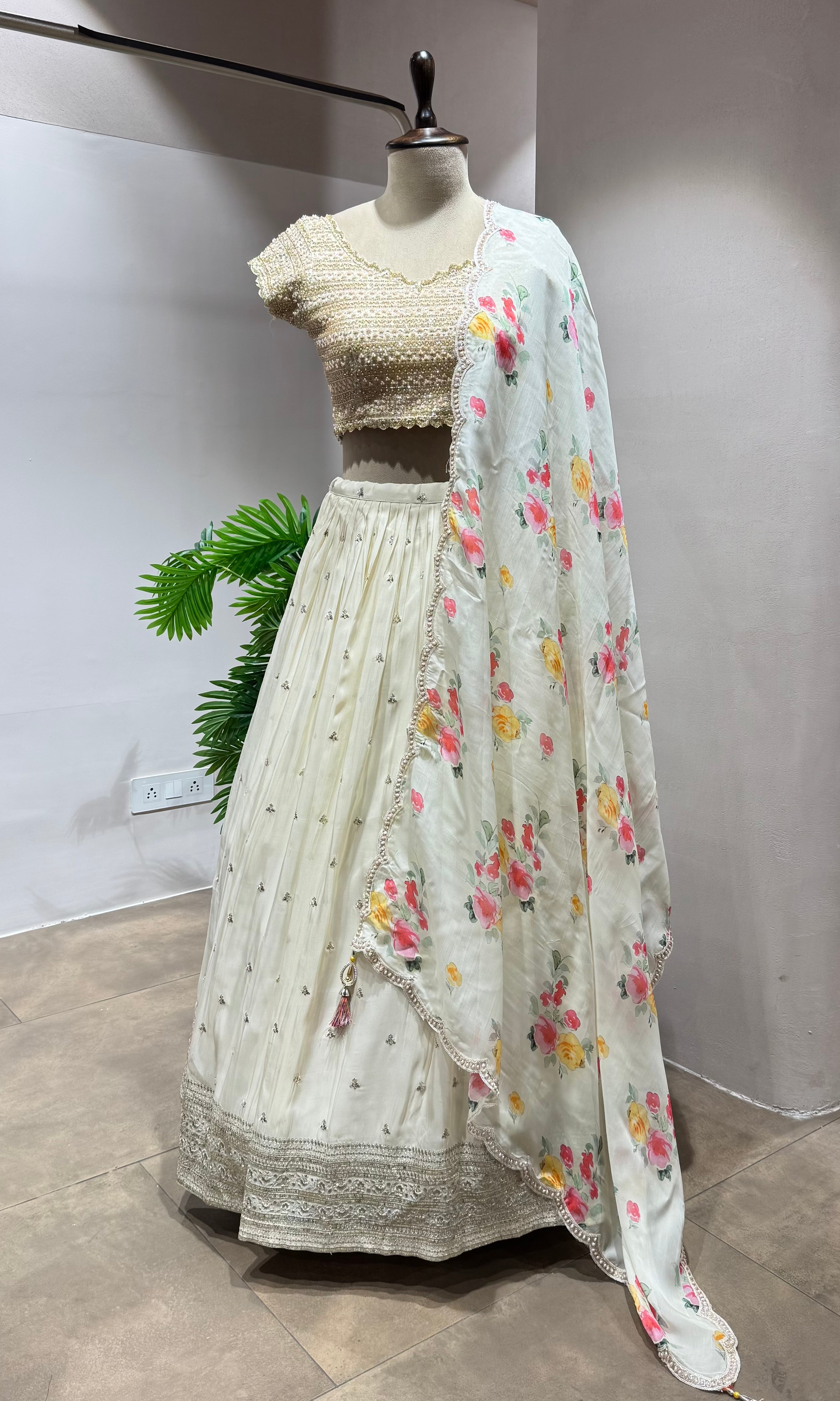Cream Floral Lehenga Set with Embellished Blouse