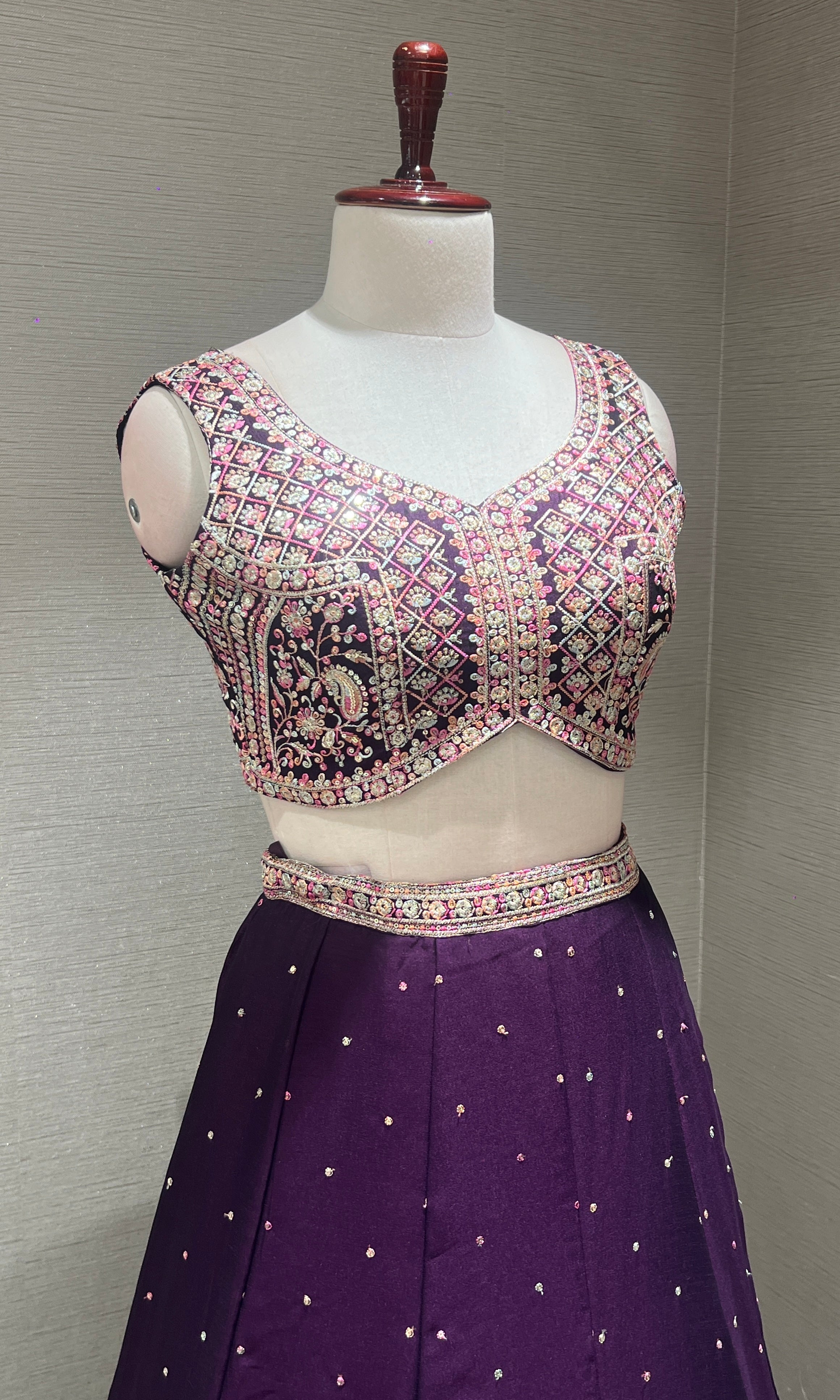 Wine Mirrorwork Embroidered Lehenga Set