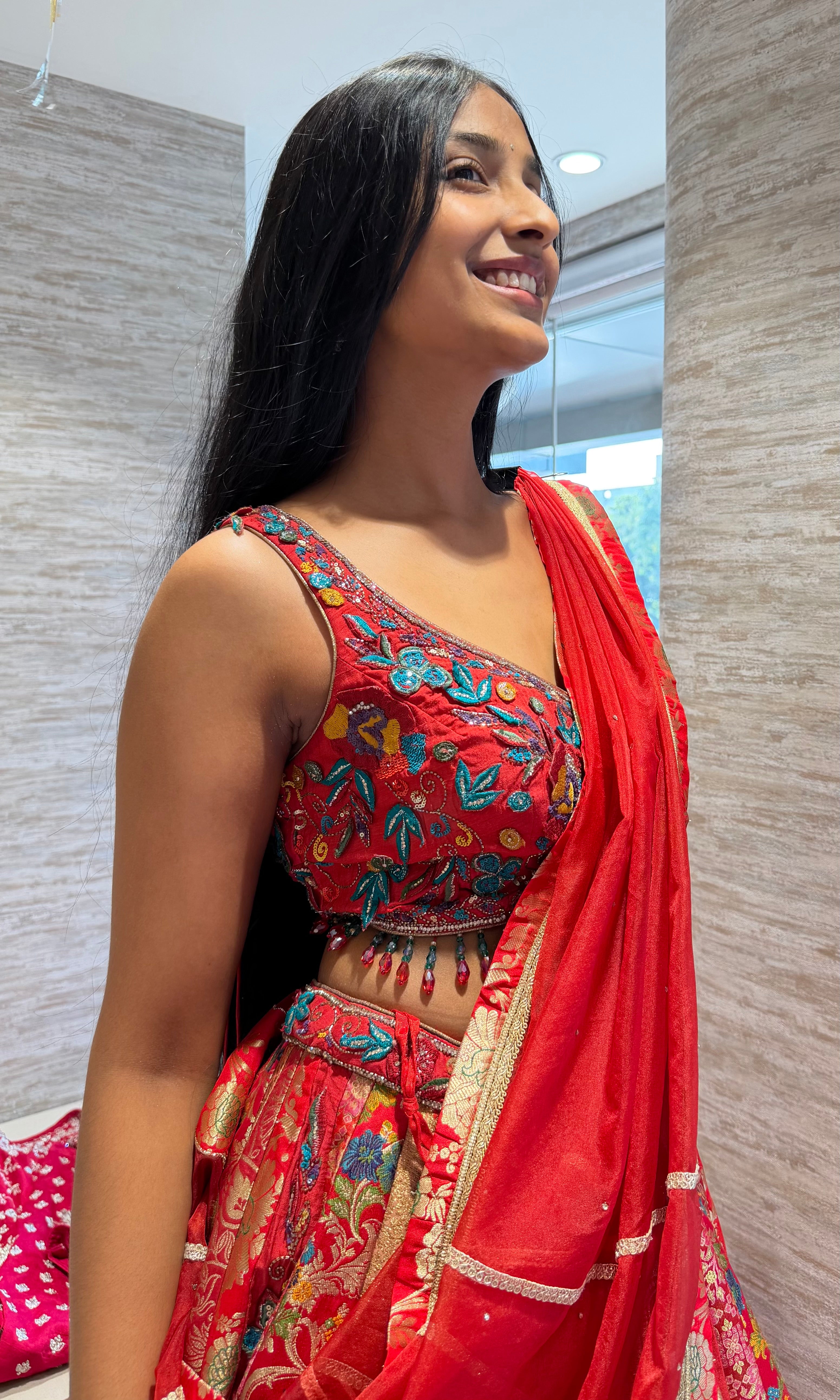 Red Floral Embroidered Lehenga Set