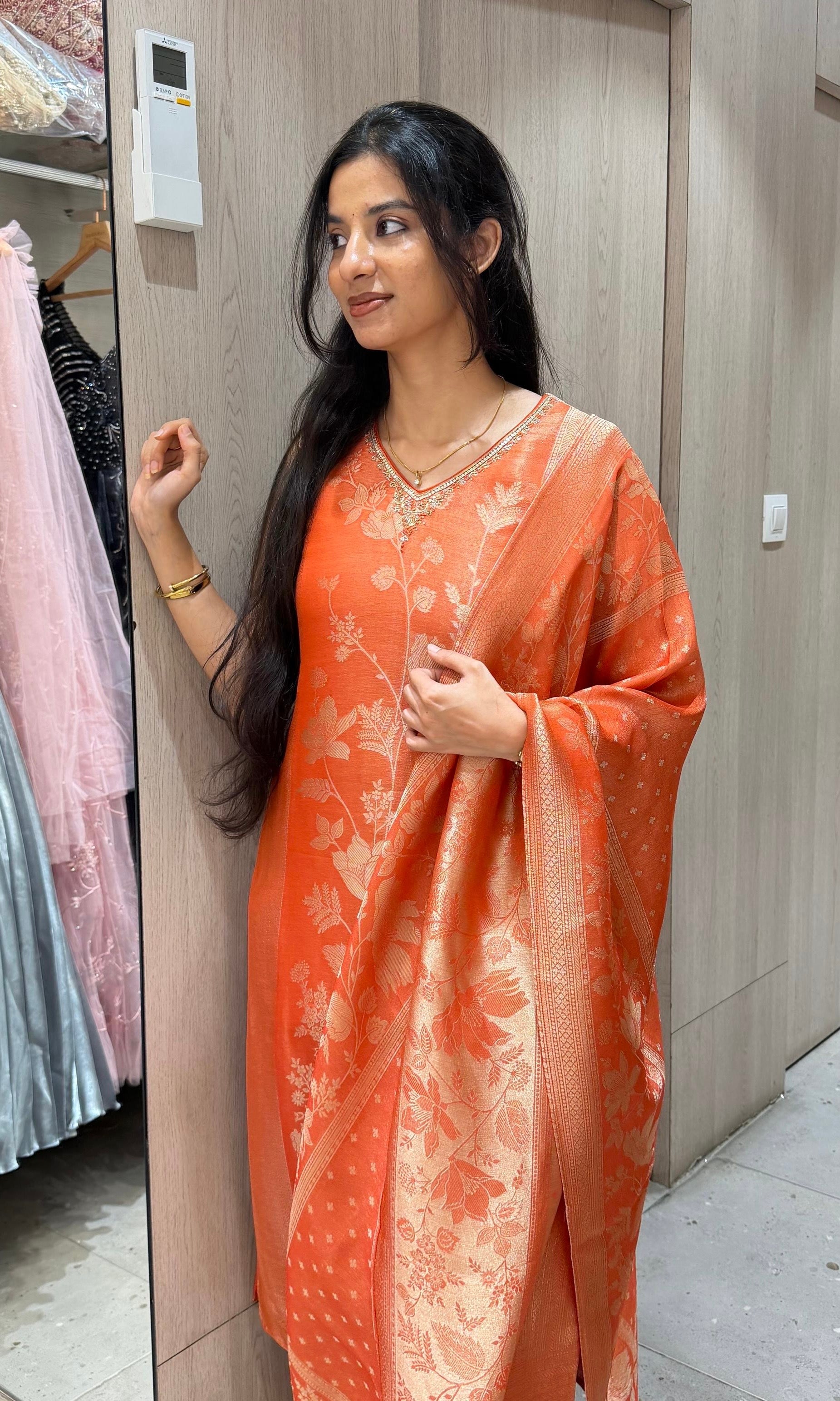 Orange Banarasi Kurta set with Matching Dupatta