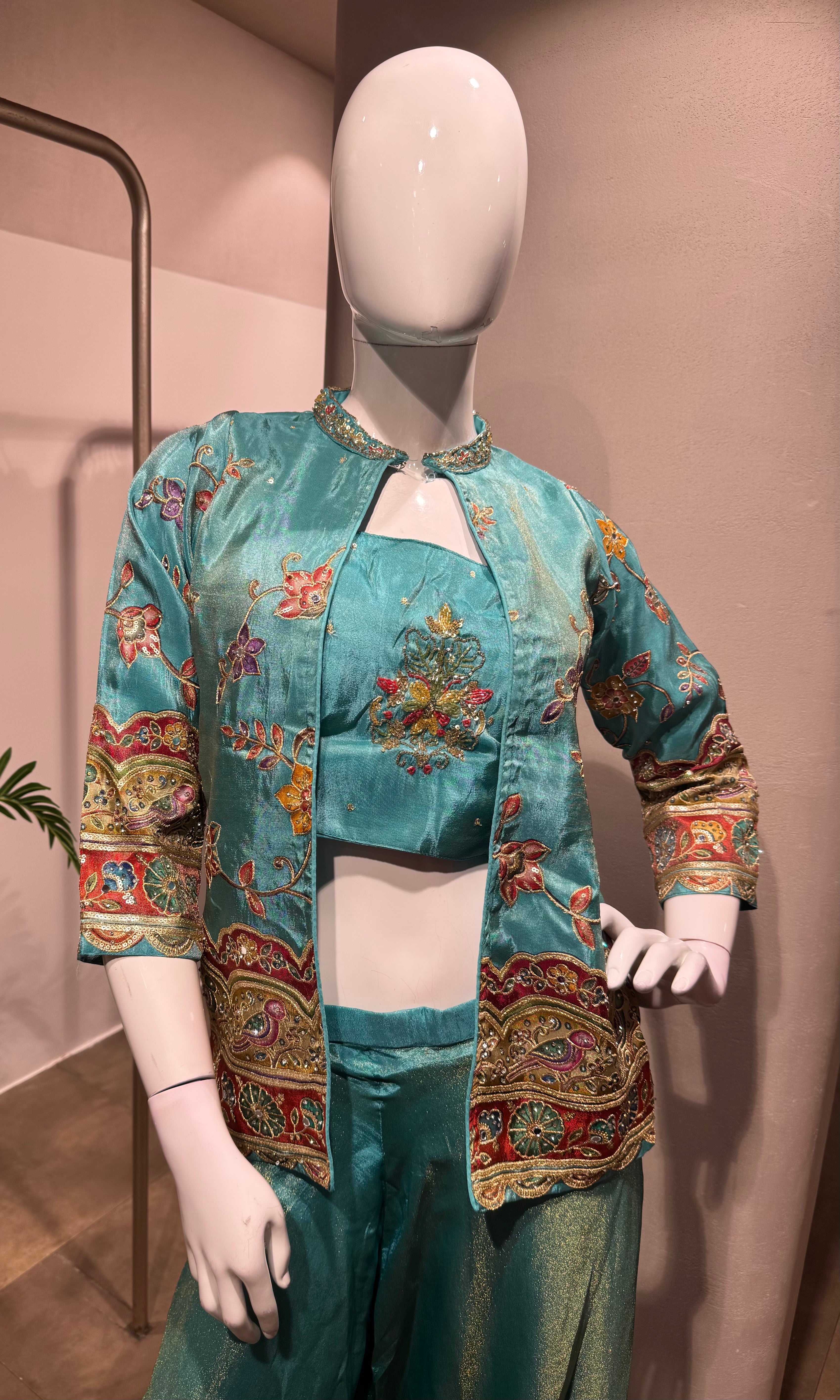 green Silk Jacket Style Palazzo set