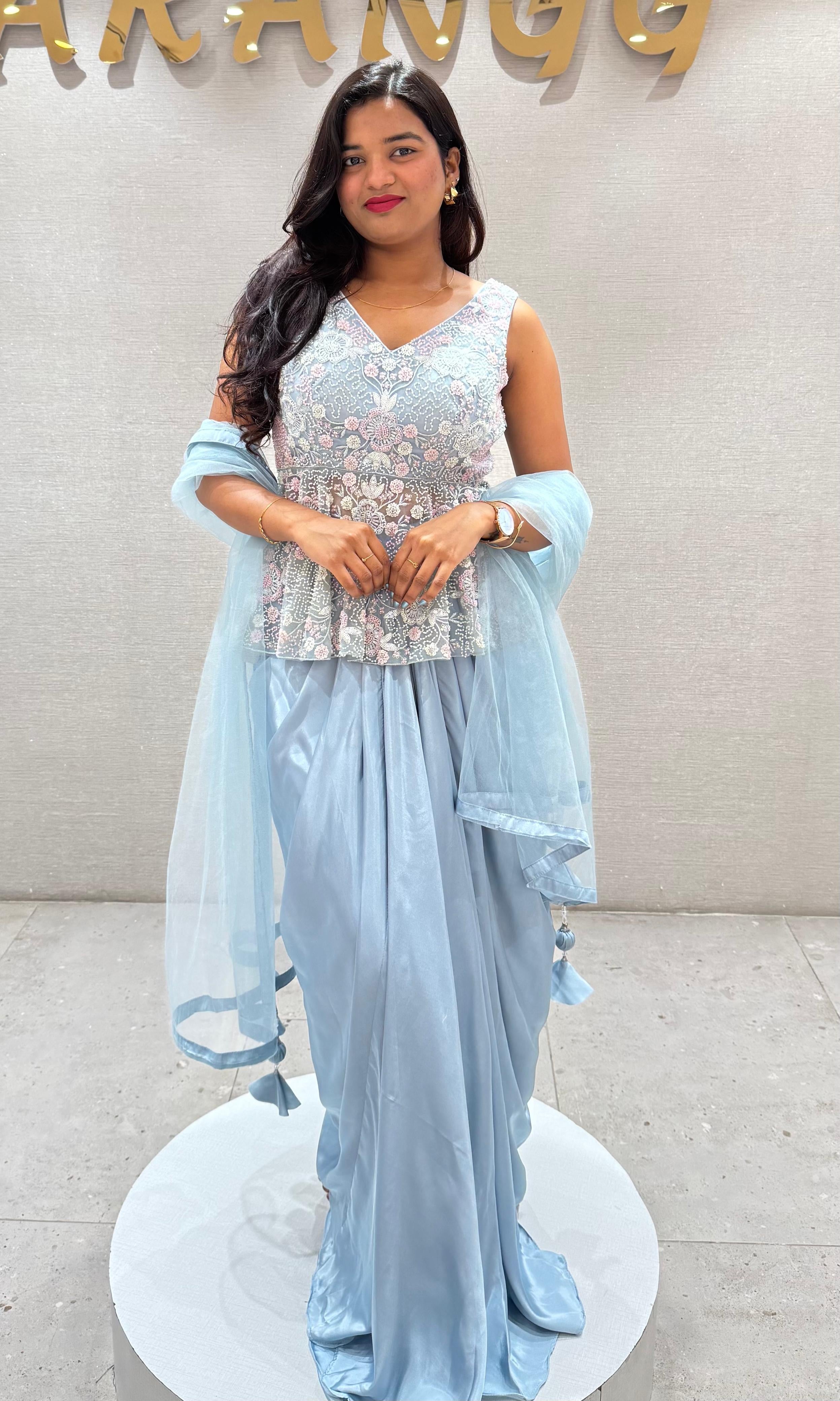 Sea blue EMBROIDERED PEPLUM BLOUSE WITH SKIRT