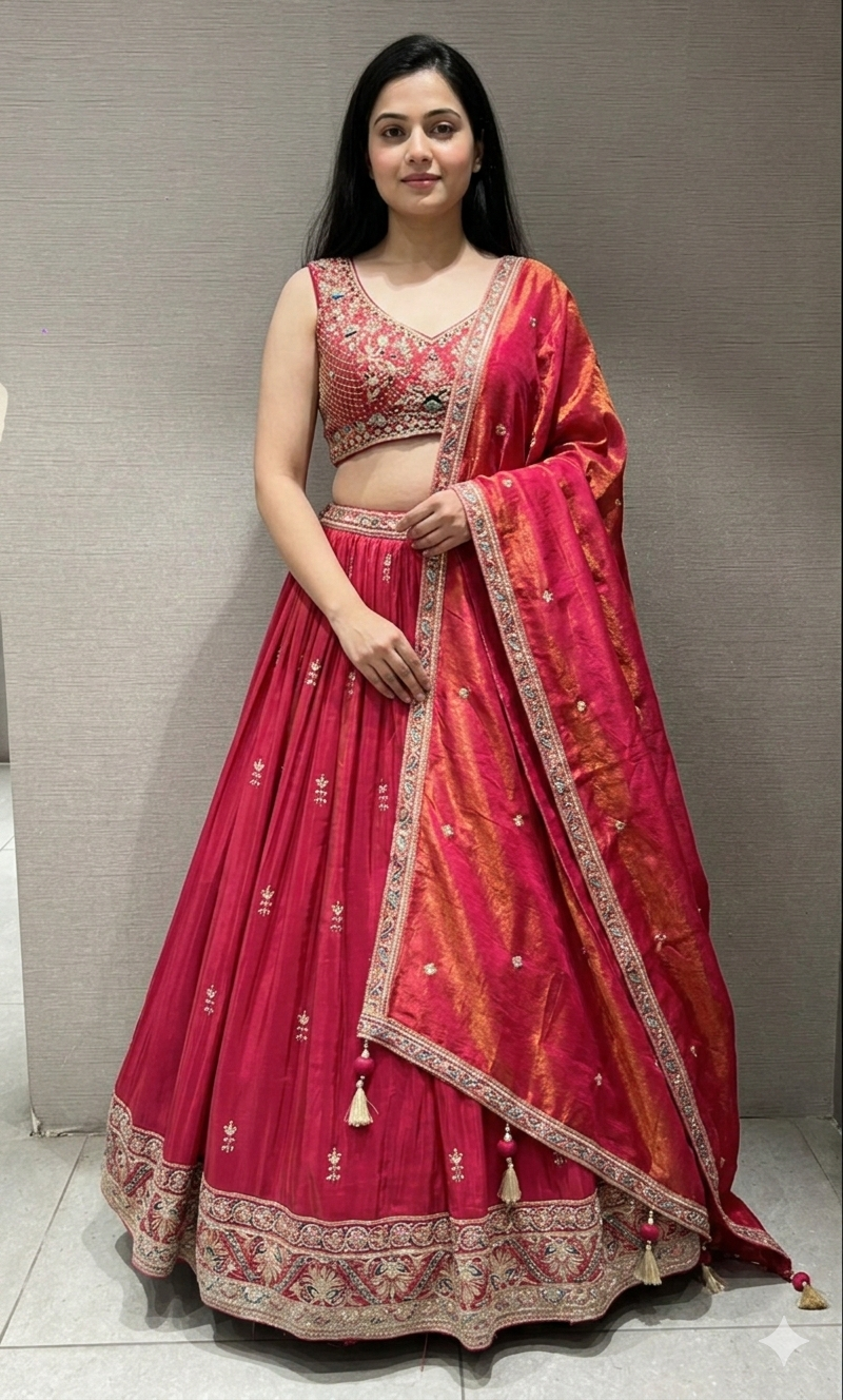 PINK raw silk EMBROIDERED LEHENGA