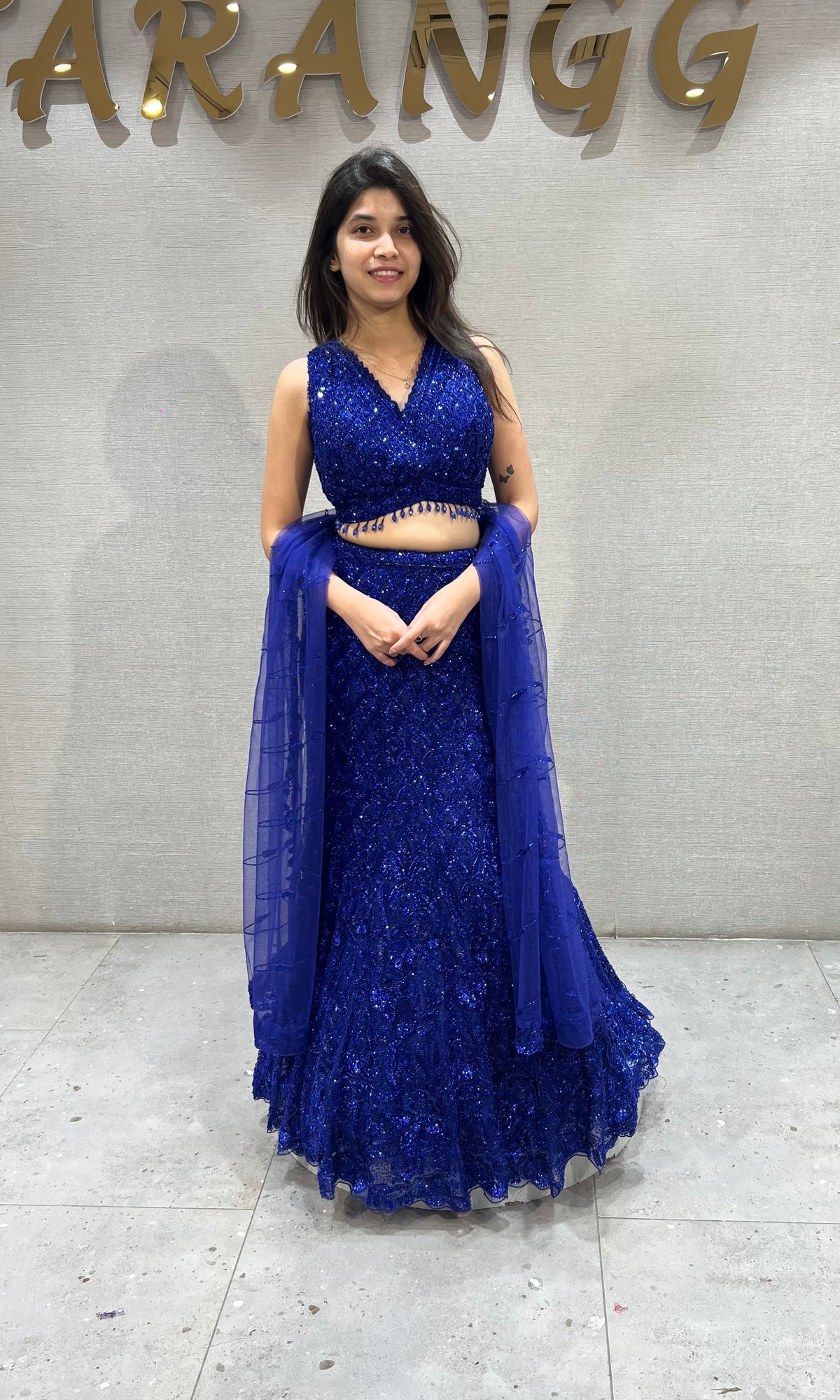 Royal Blue Sequined fish cut Lehenga Set with net dupatta
