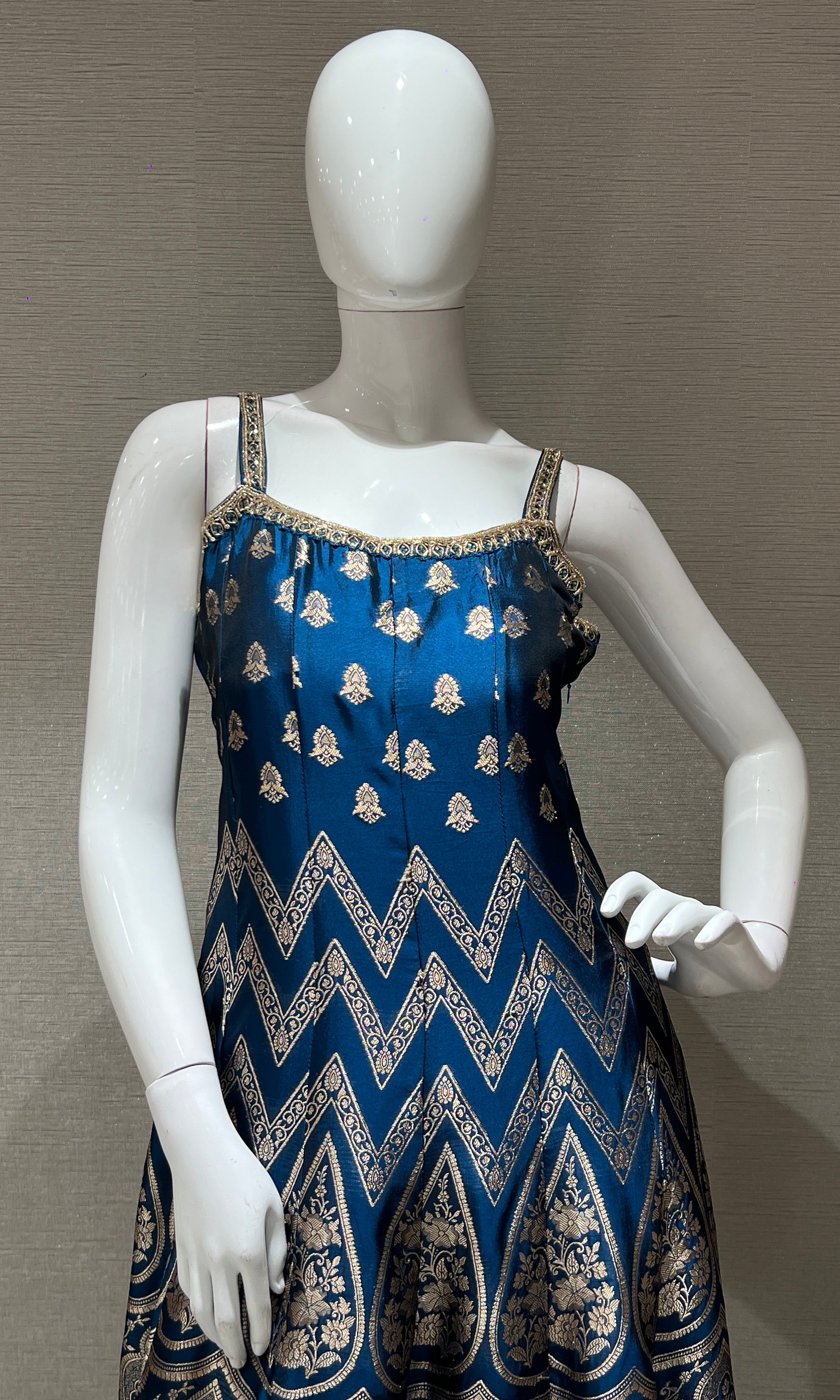 Peacock Blue Anarkali with Gold Print embroidery