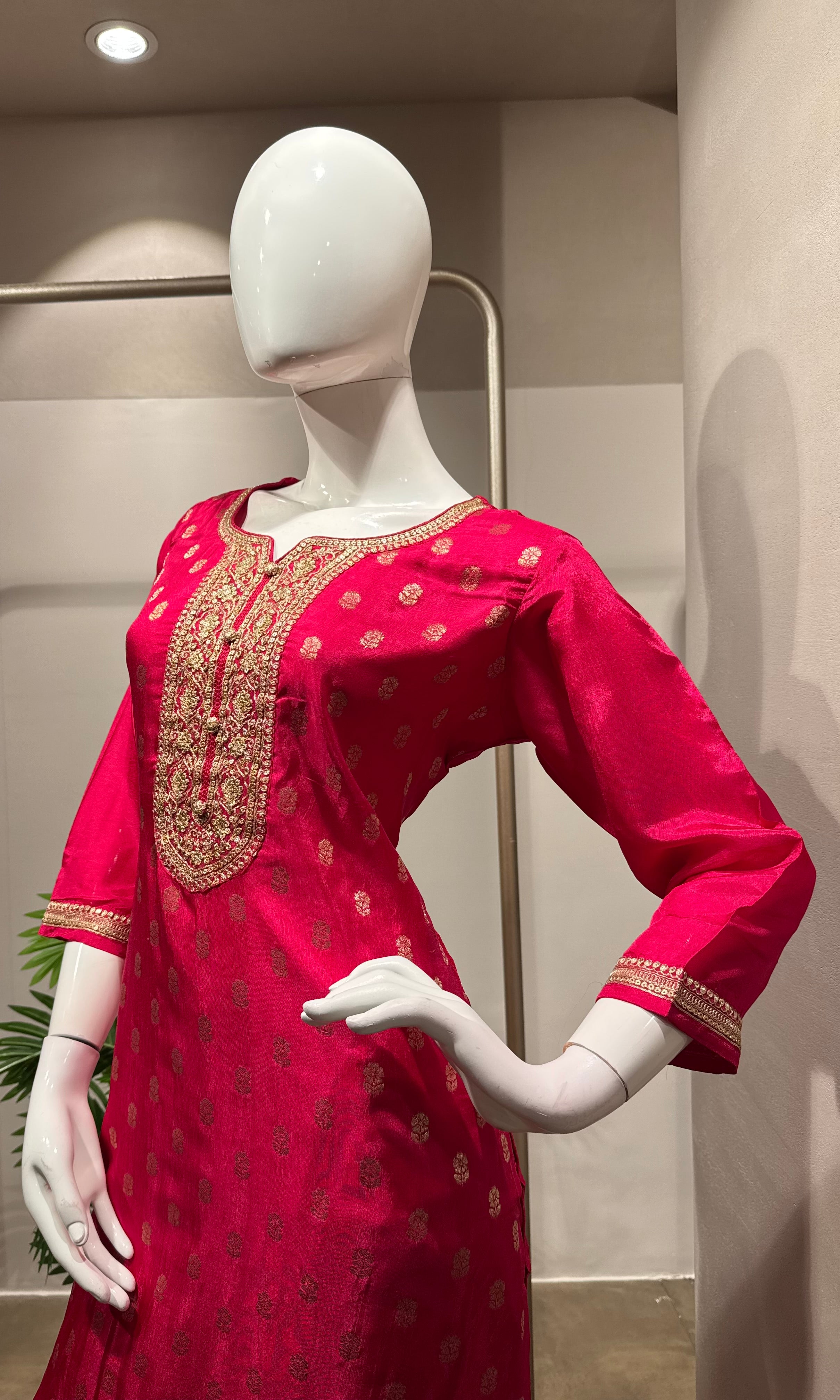Pink Kurta Set with Gold Embroidery & Dupatta