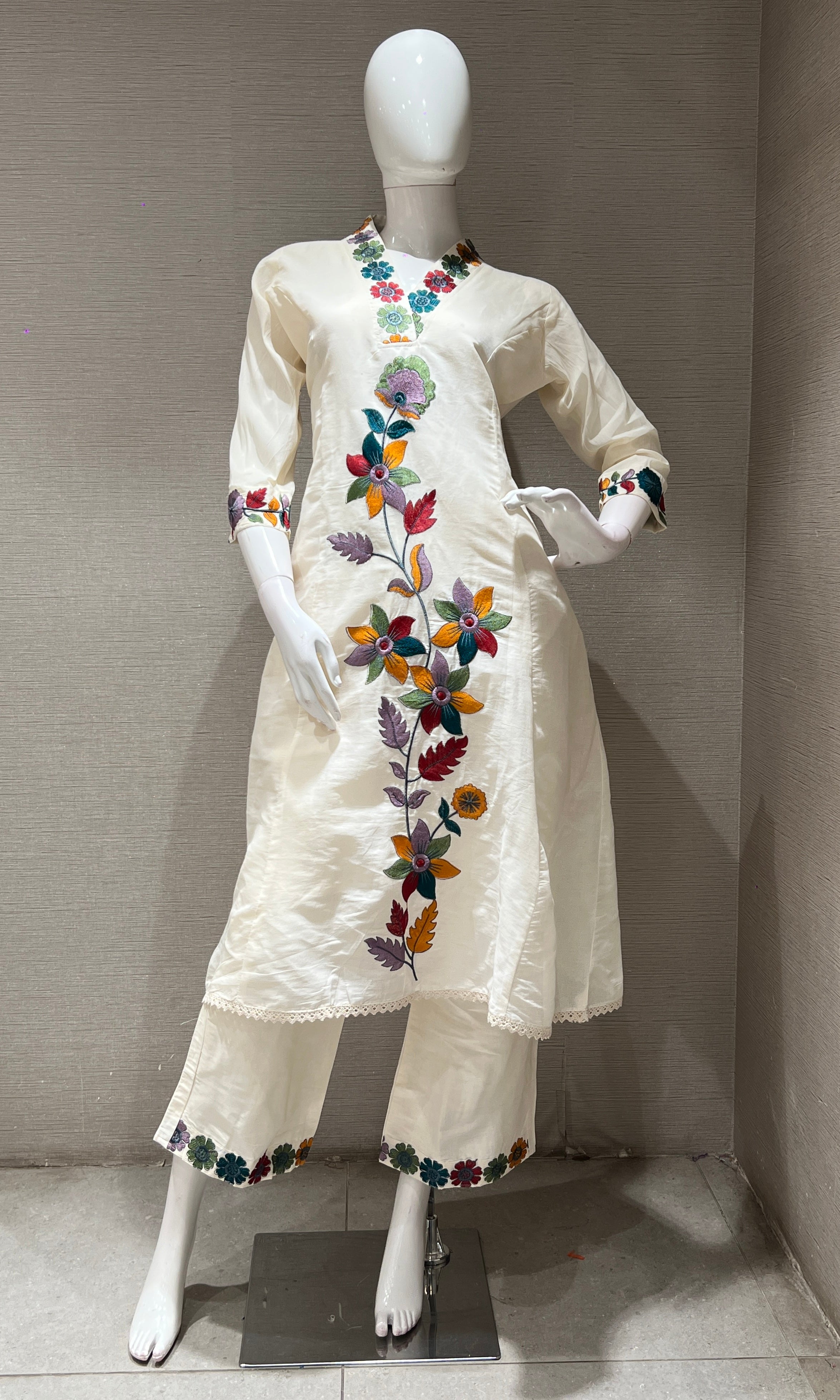 Cream floral patch work kurta set