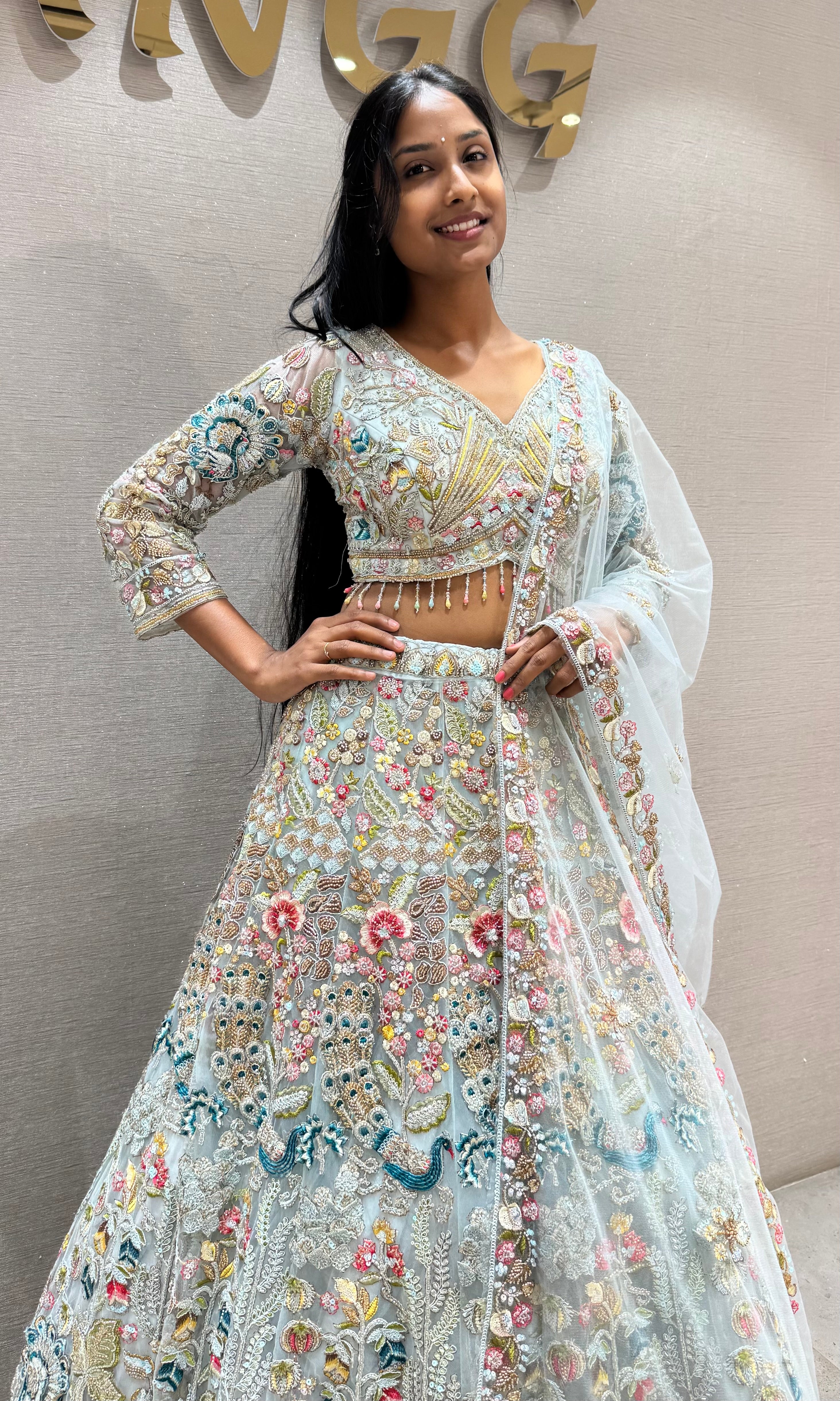 Mint Blue Multi-Color Floral Designer Bridal Lehenga