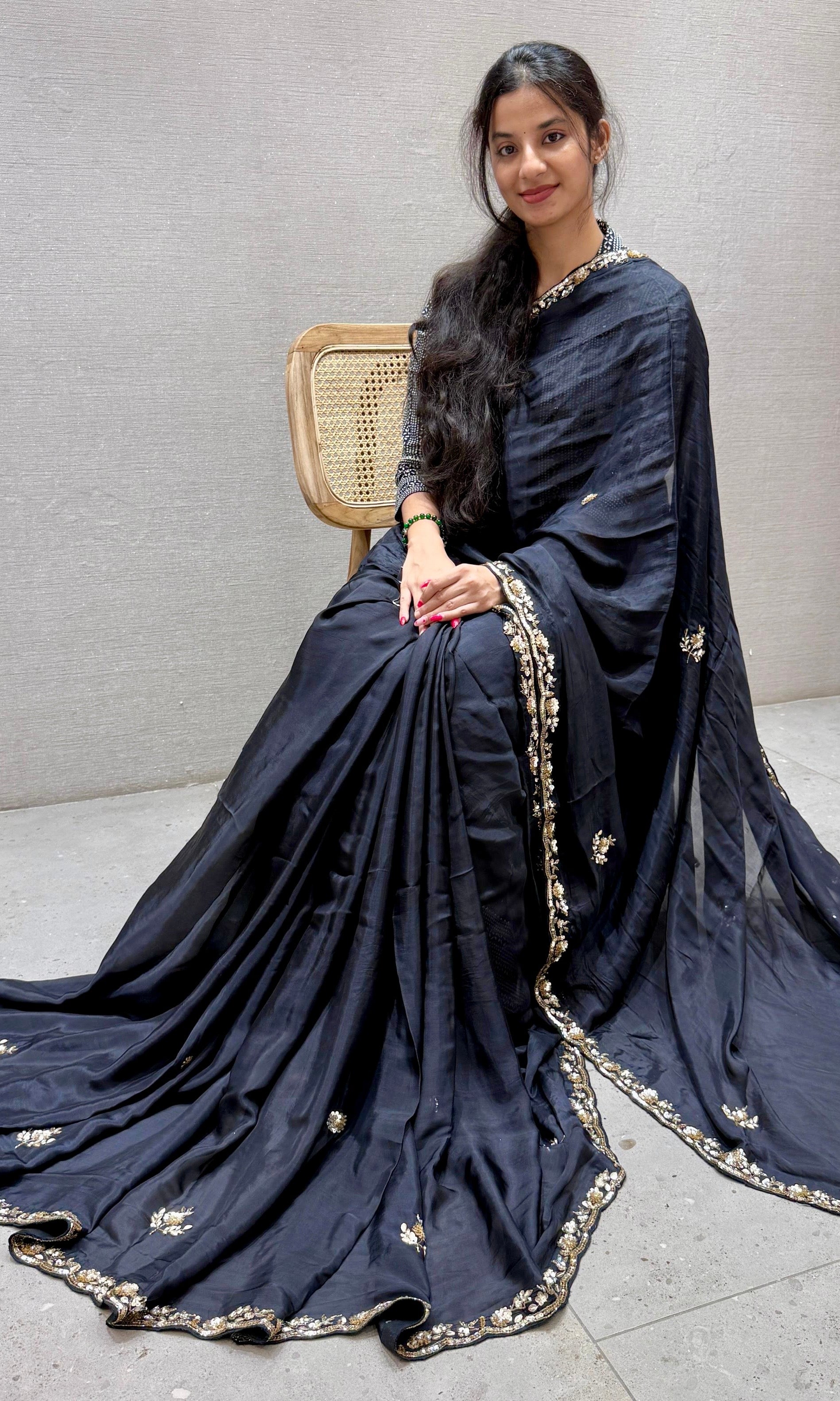 Black and gold saree with ready blouse