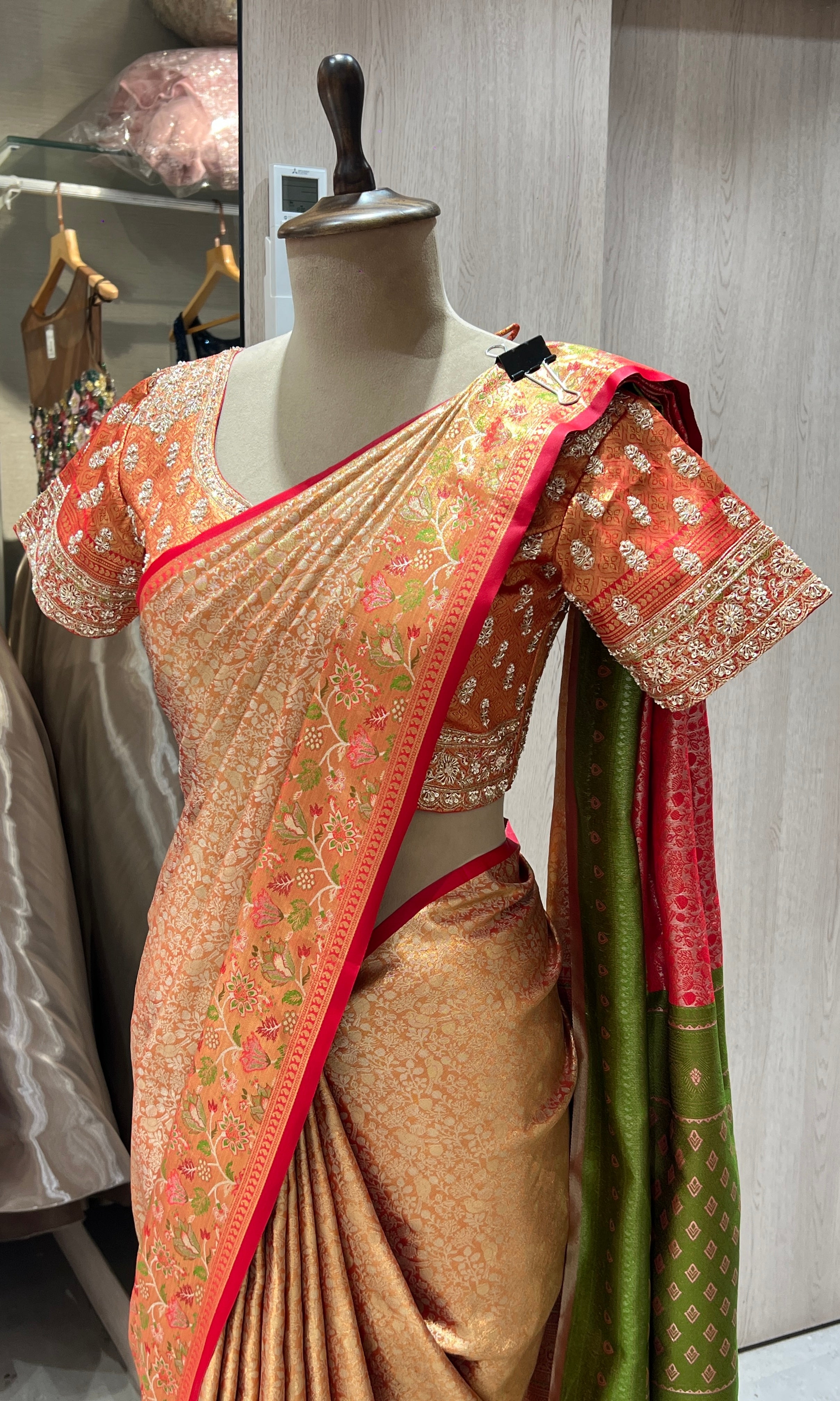 Red saree with ready blouse