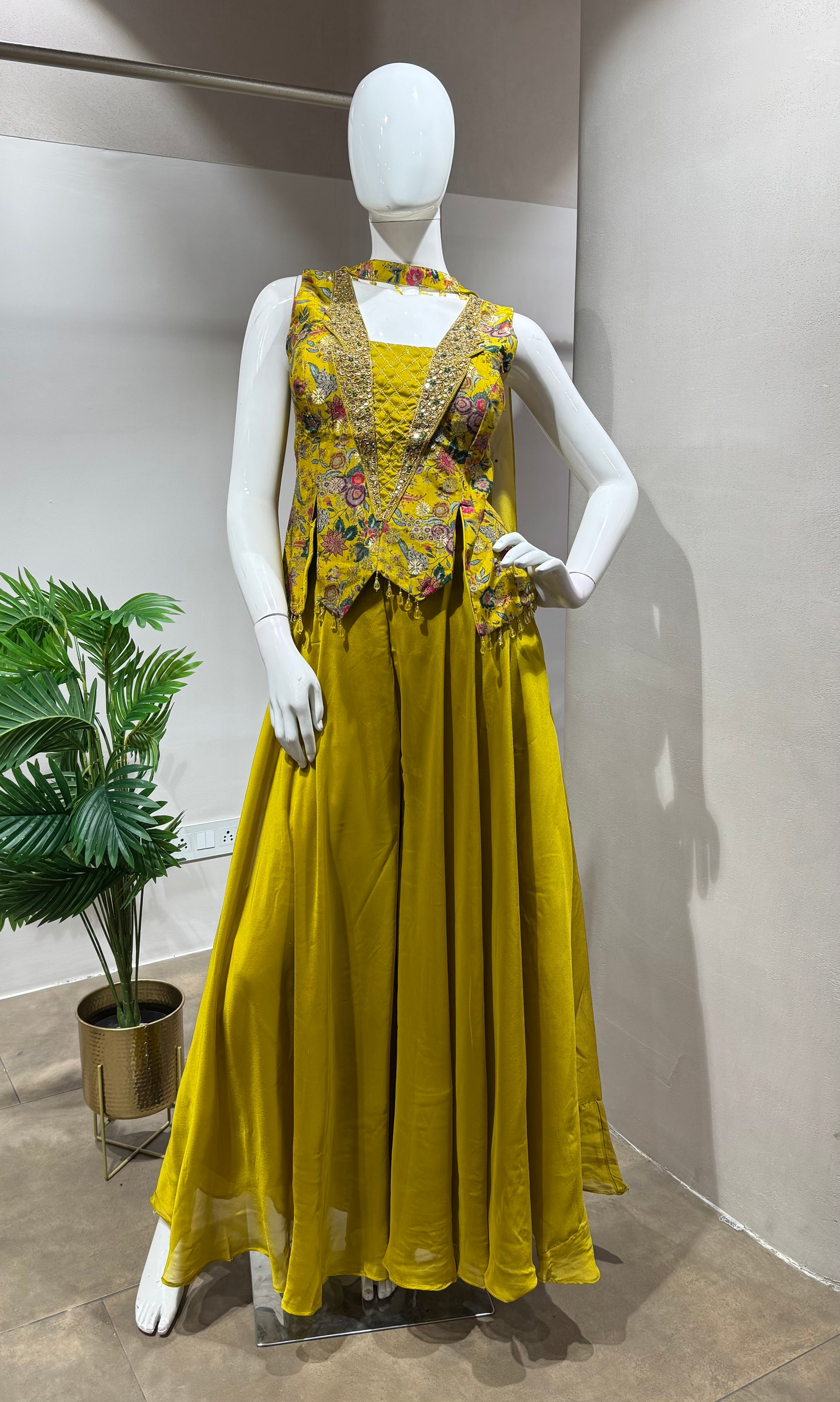 YELLOW EMBROIDERED PEPLUM PALAZZO SET