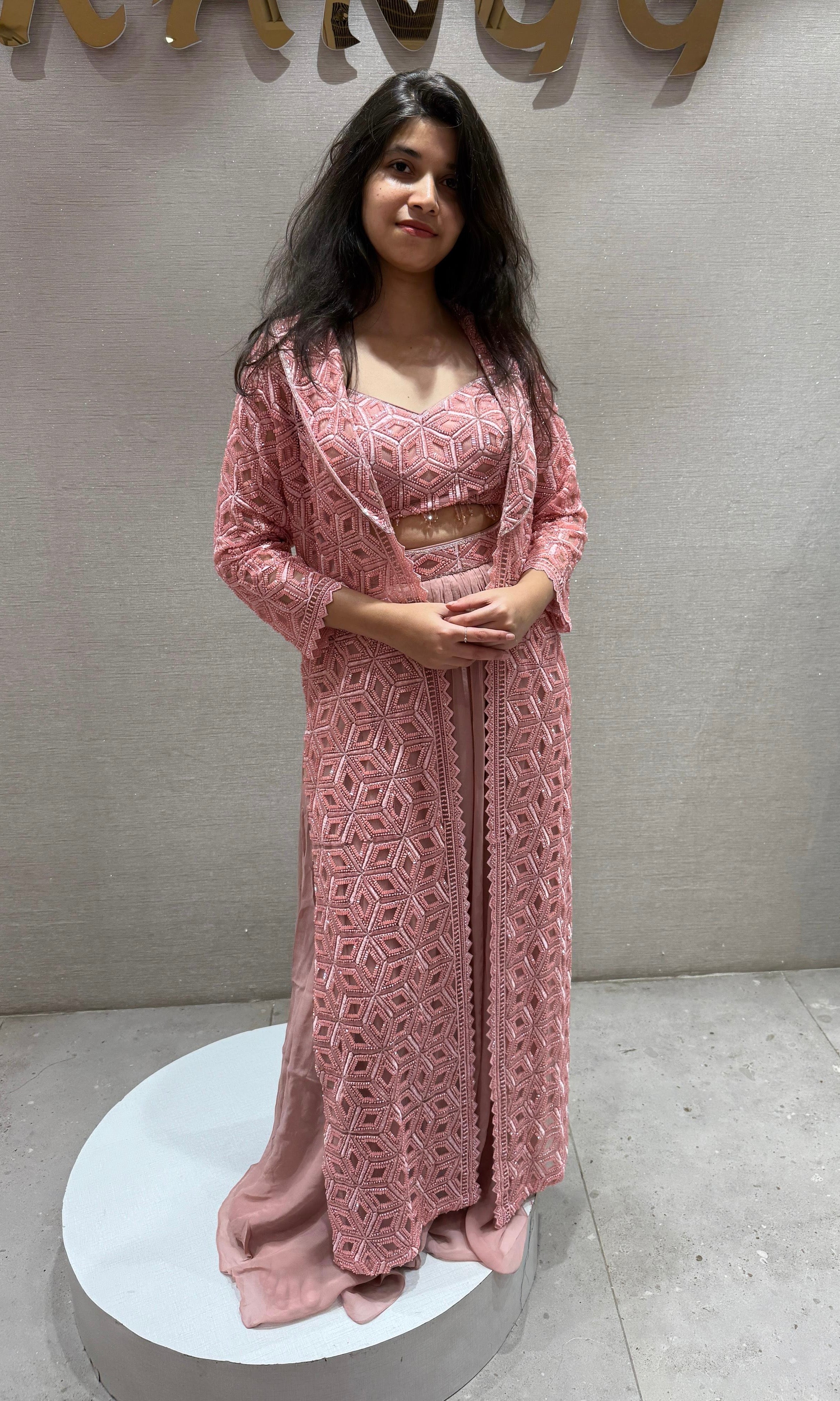 Blush Pink Garden lehenga with Long Jacket