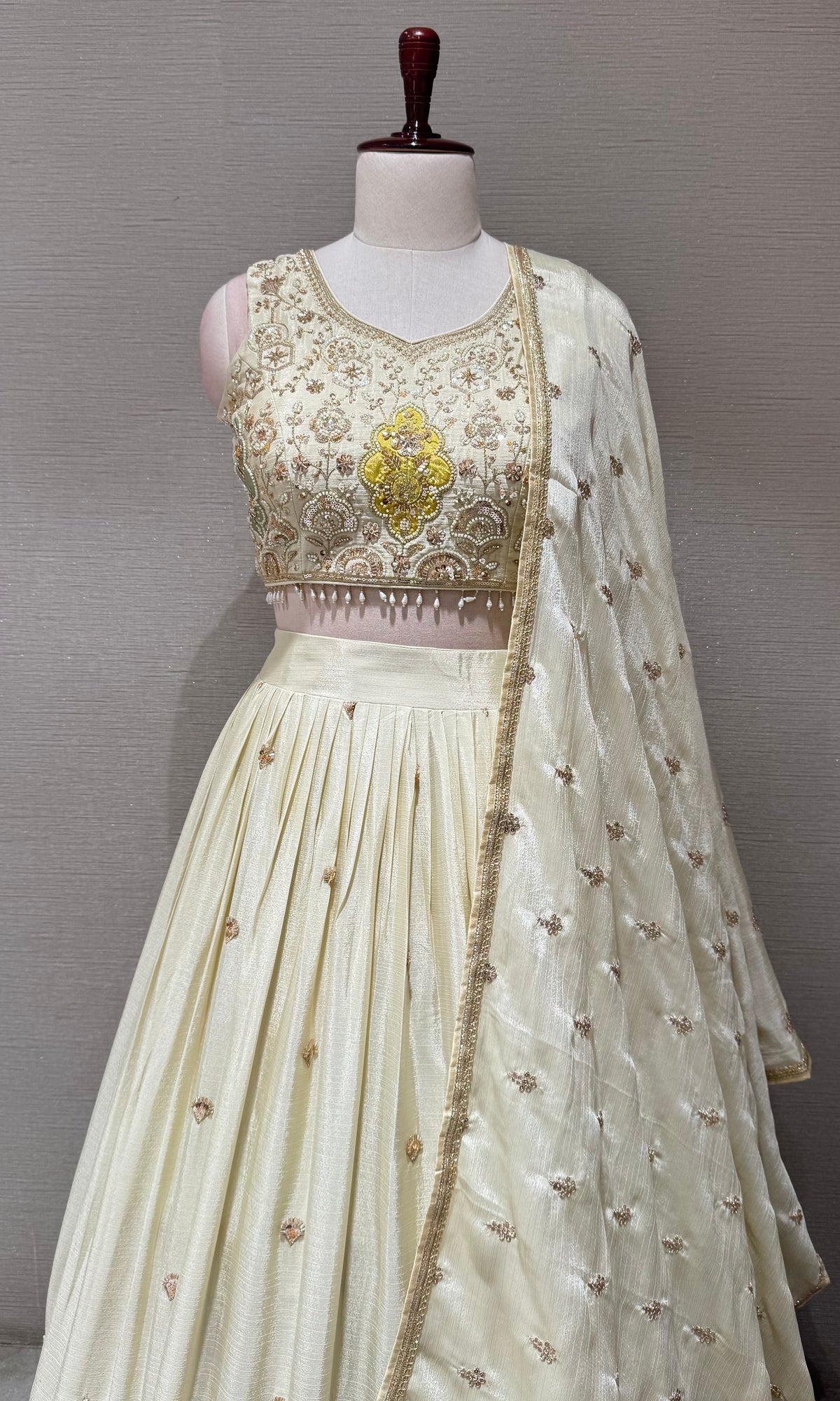 Cream Tissue silk Lehenga with Multi Floral border