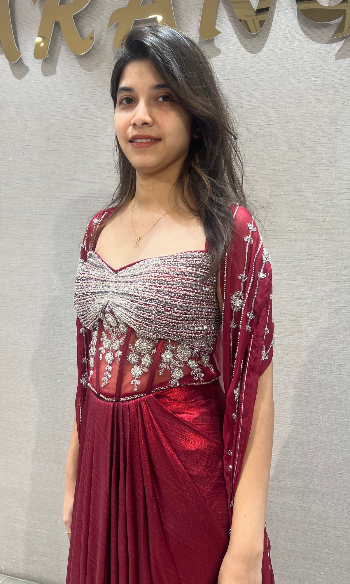 Maroon Deep Embroidered Cape Skirt