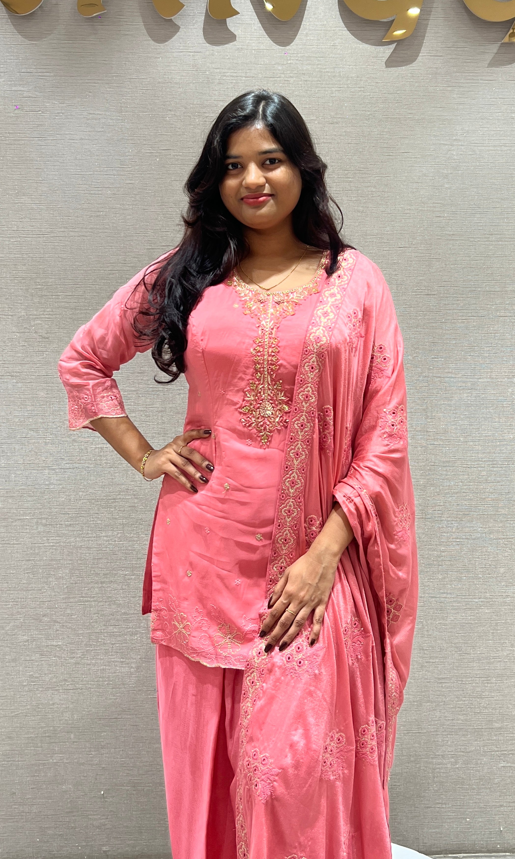 Peach Pink Embroidered Palazoo Set