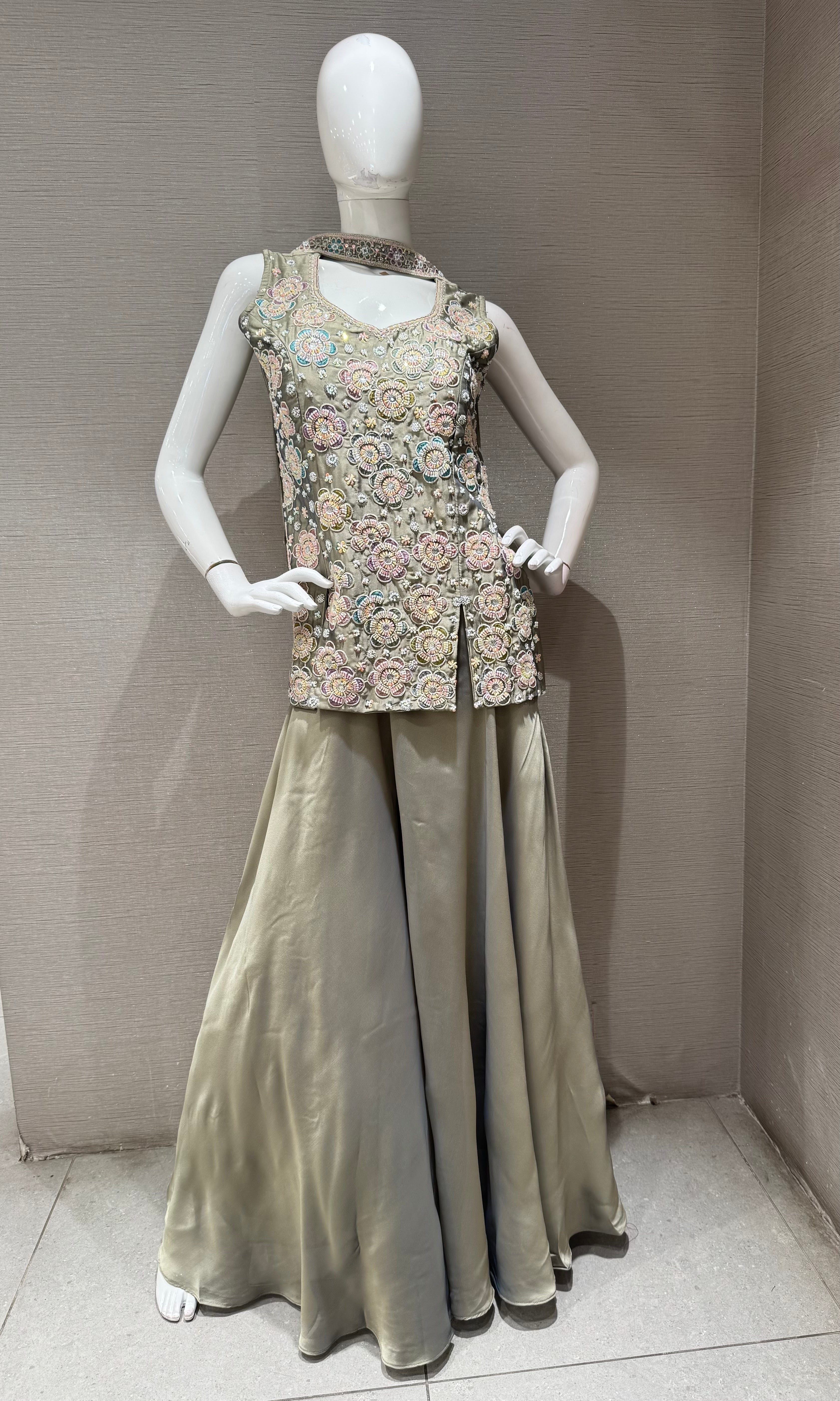 Olive Green Shimmer Floral Peplum palazzo set