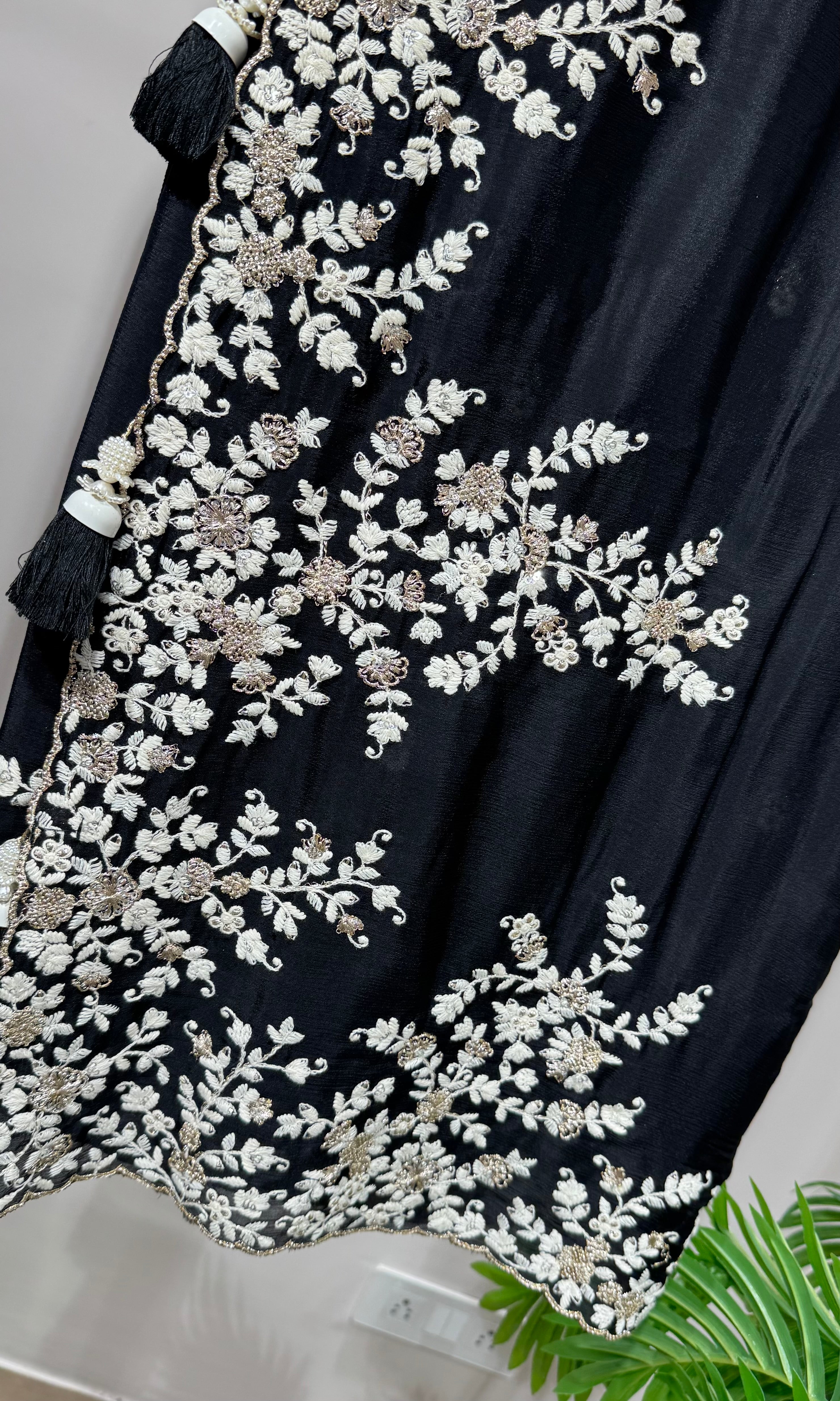 Black Embroidered Saree with V-Neck Blouse
