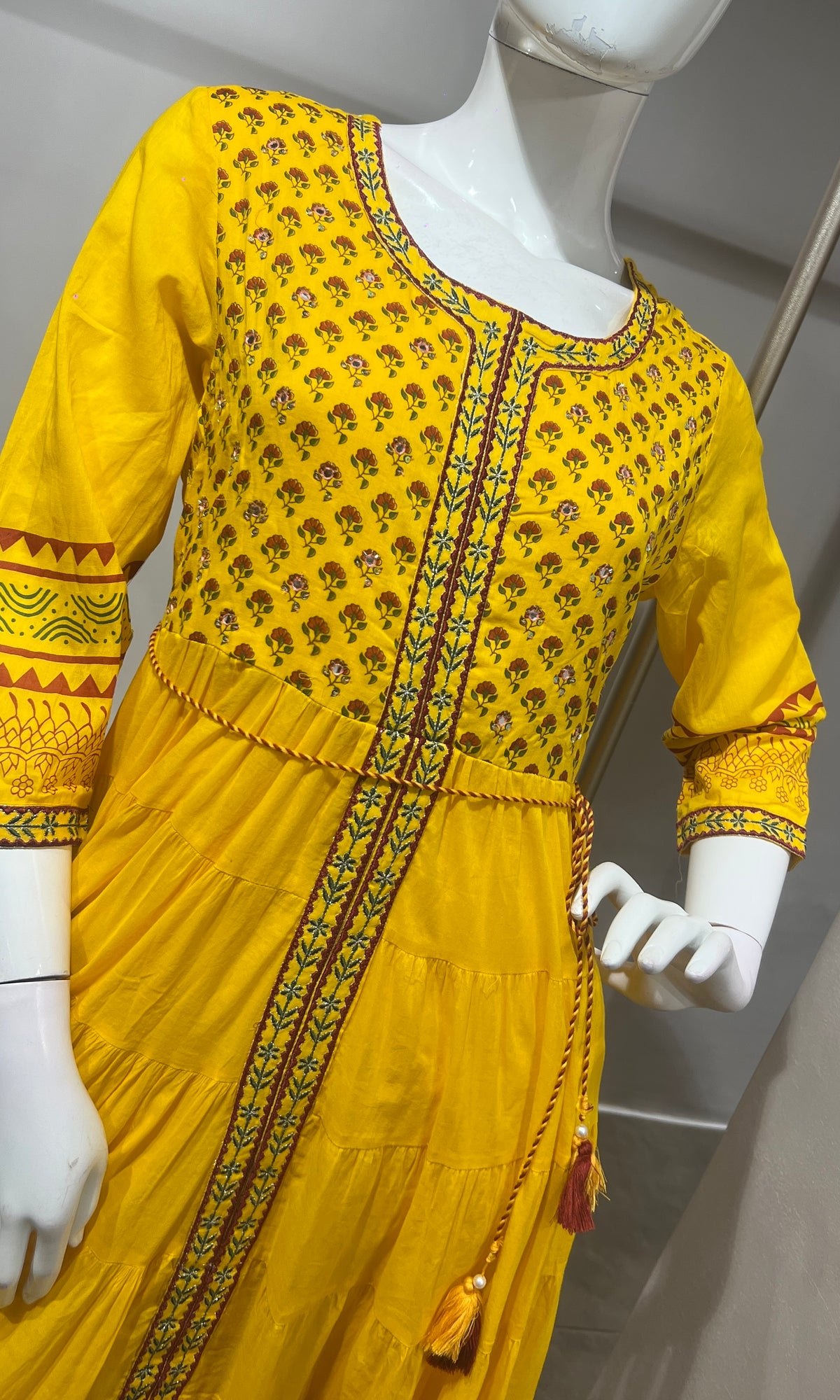 yellow ethnic printed cotton Frock