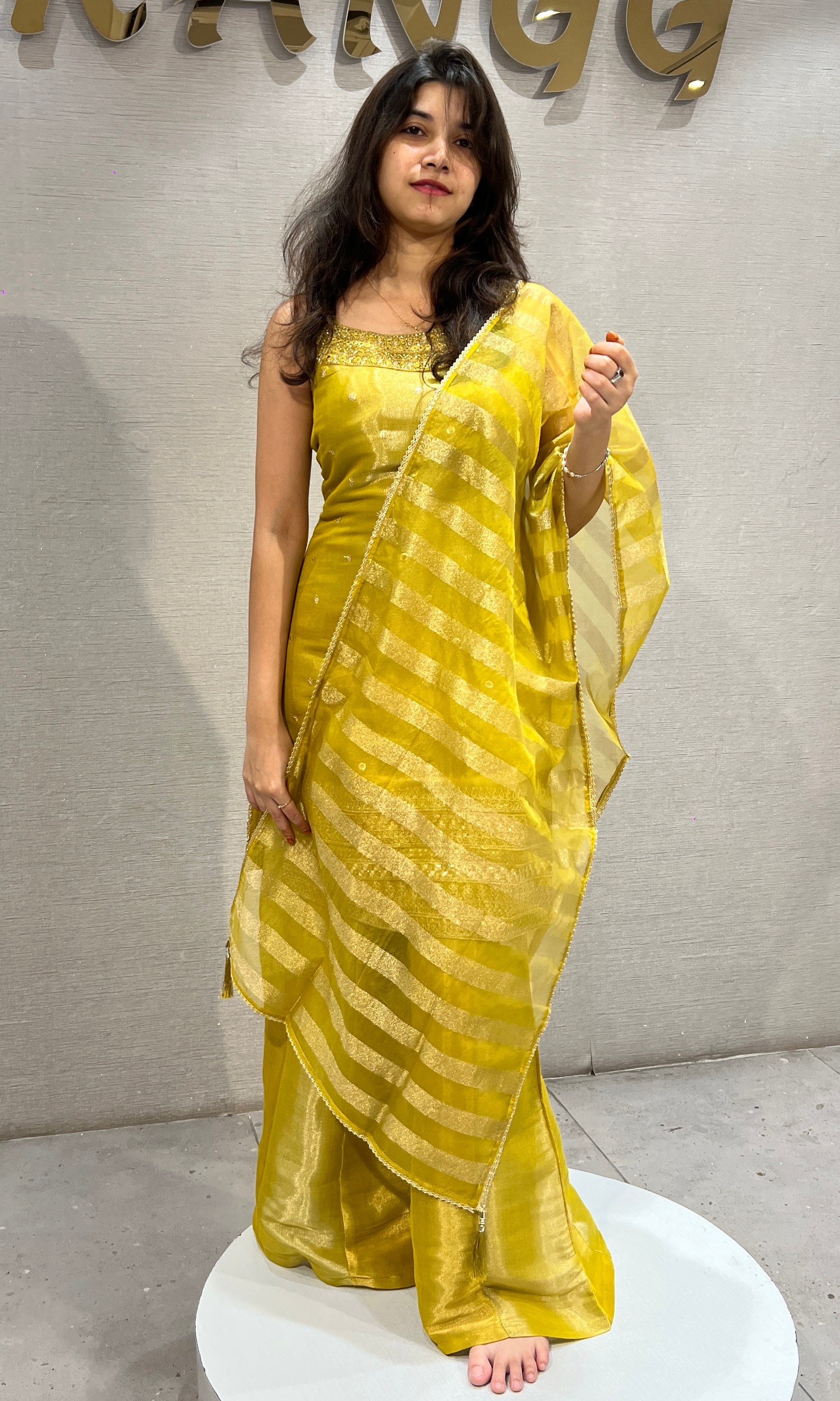 Mustard Yellow Shimmer Tissue Sharara Set