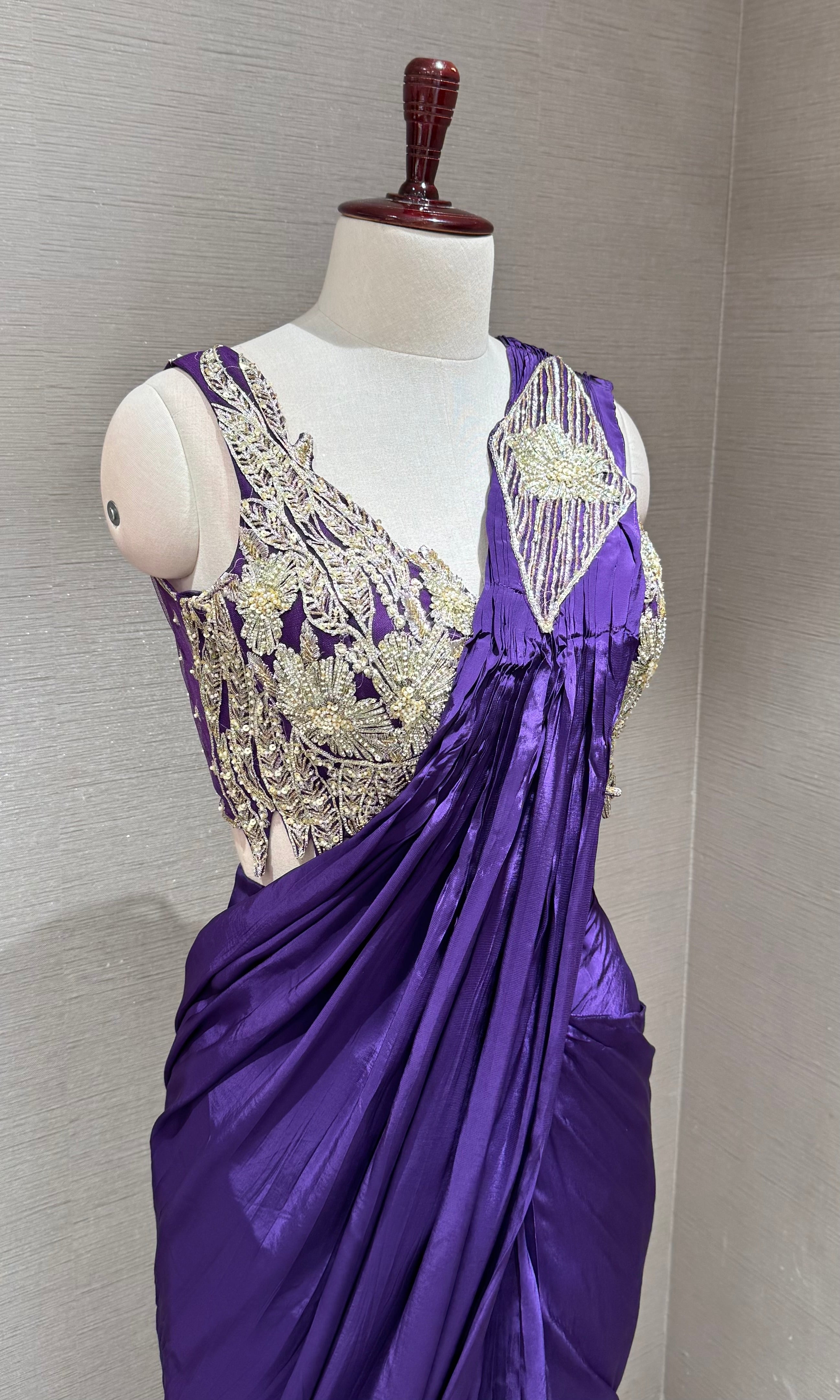Purple Plum Drape saree with Silver Embroidered blouse