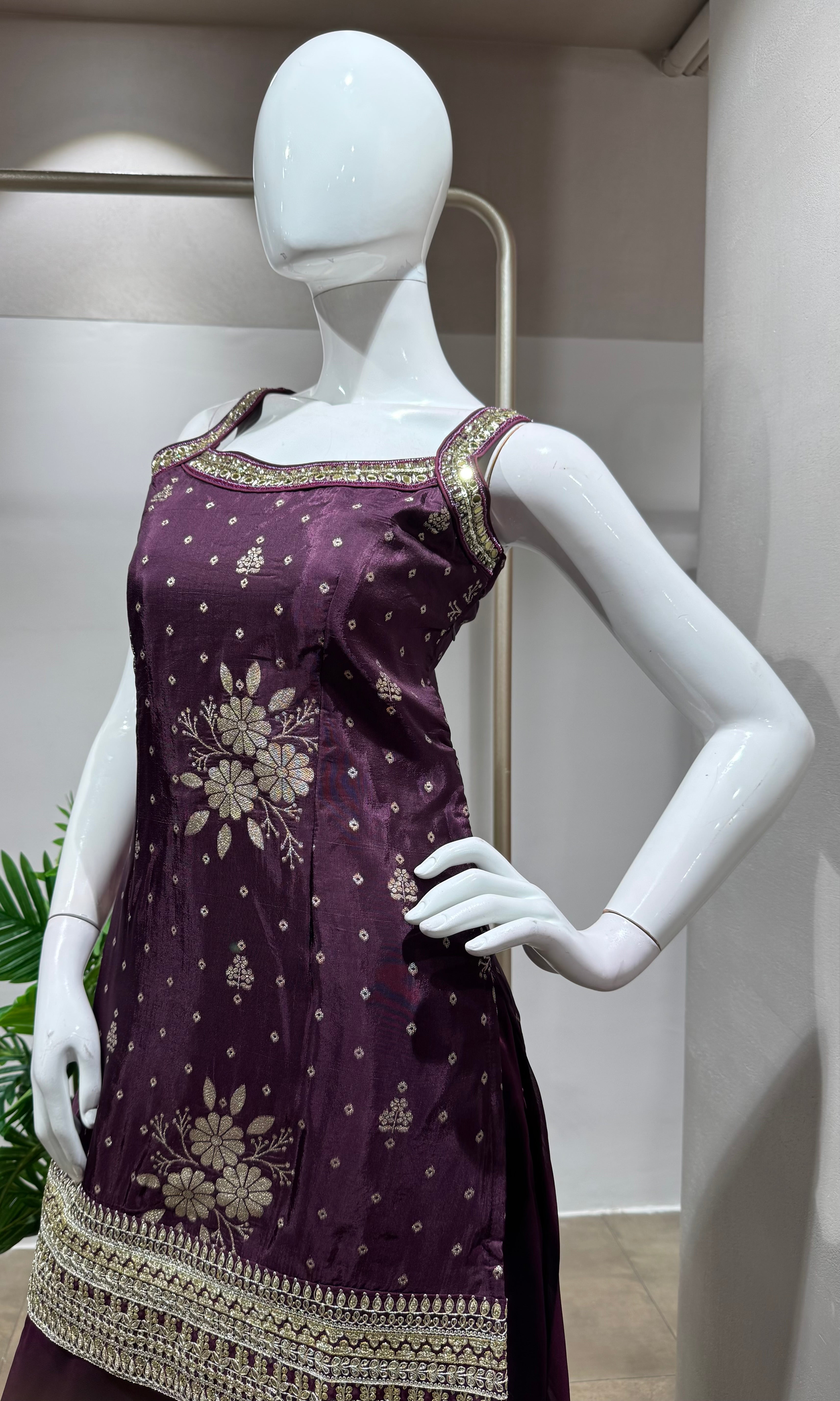 Wine Embroidered Georgette Sharara Set