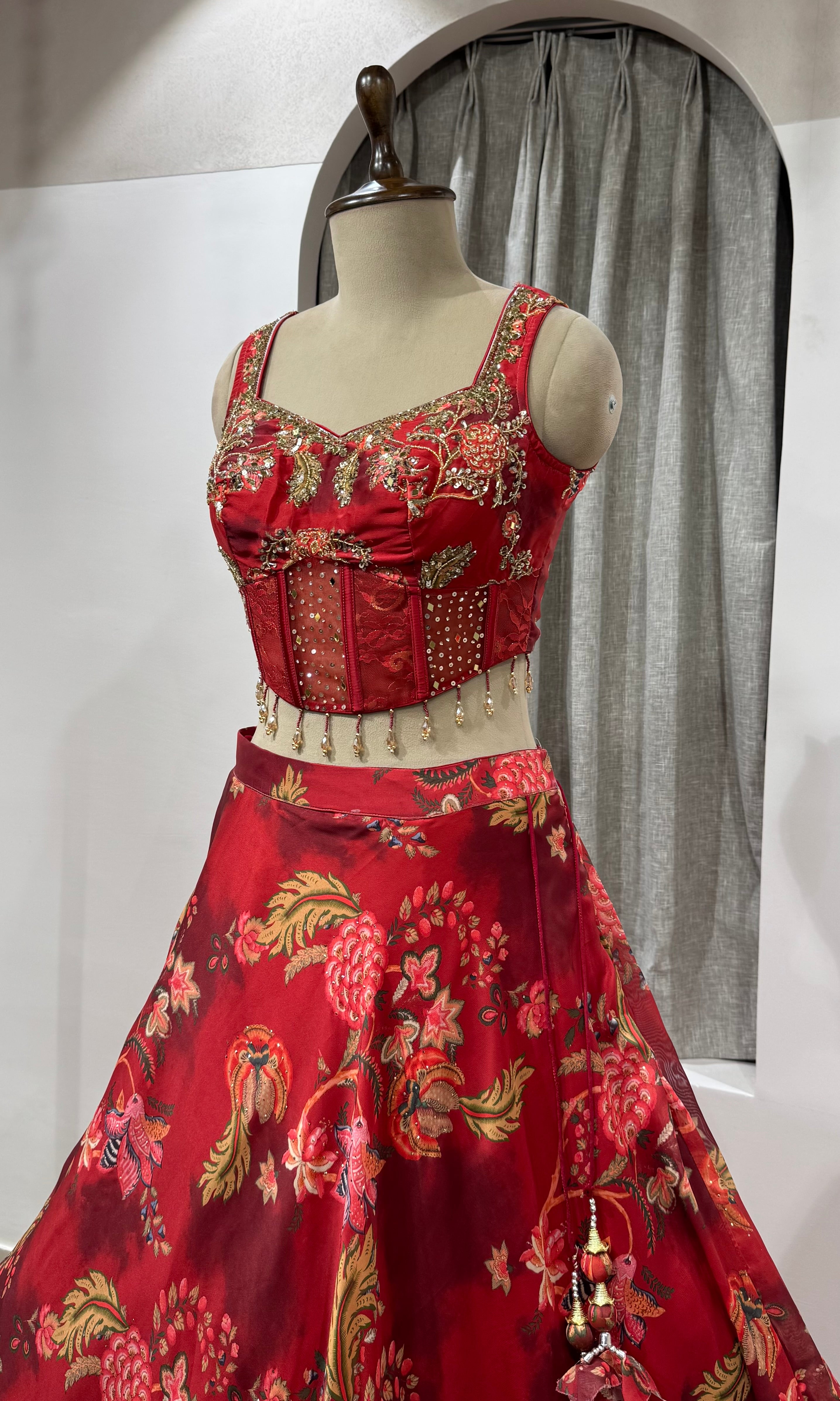 Red Indian Organza Printed Lehenga Set