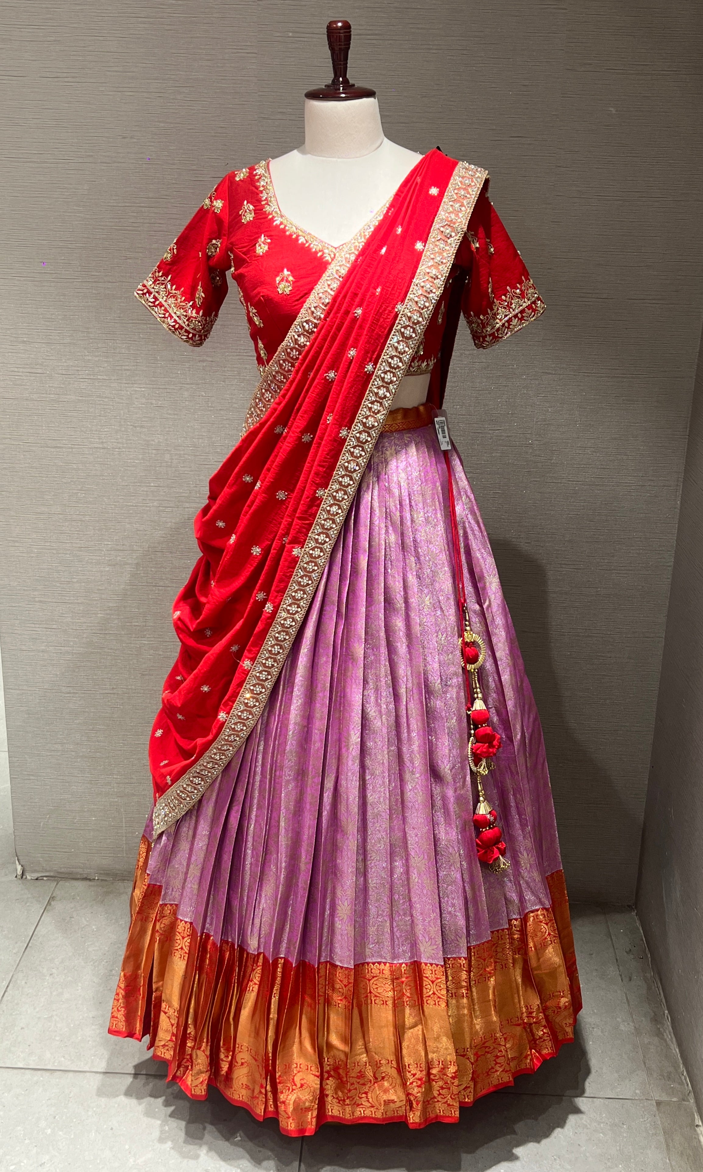 Lavender & Red LEHENGA WITH RAW SILK DUPATTA
