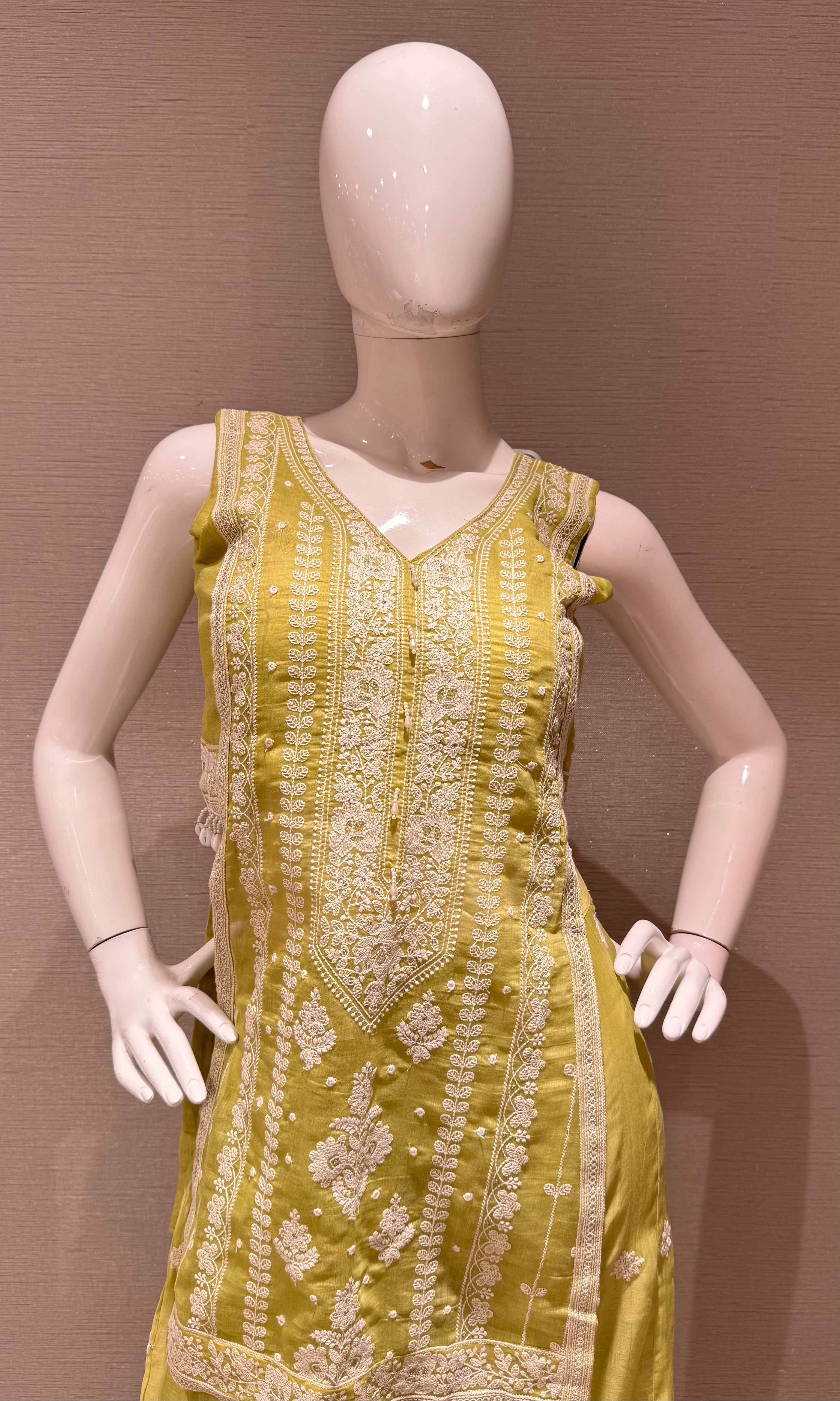 Lime green Embroidered shimmer silk palazzo set