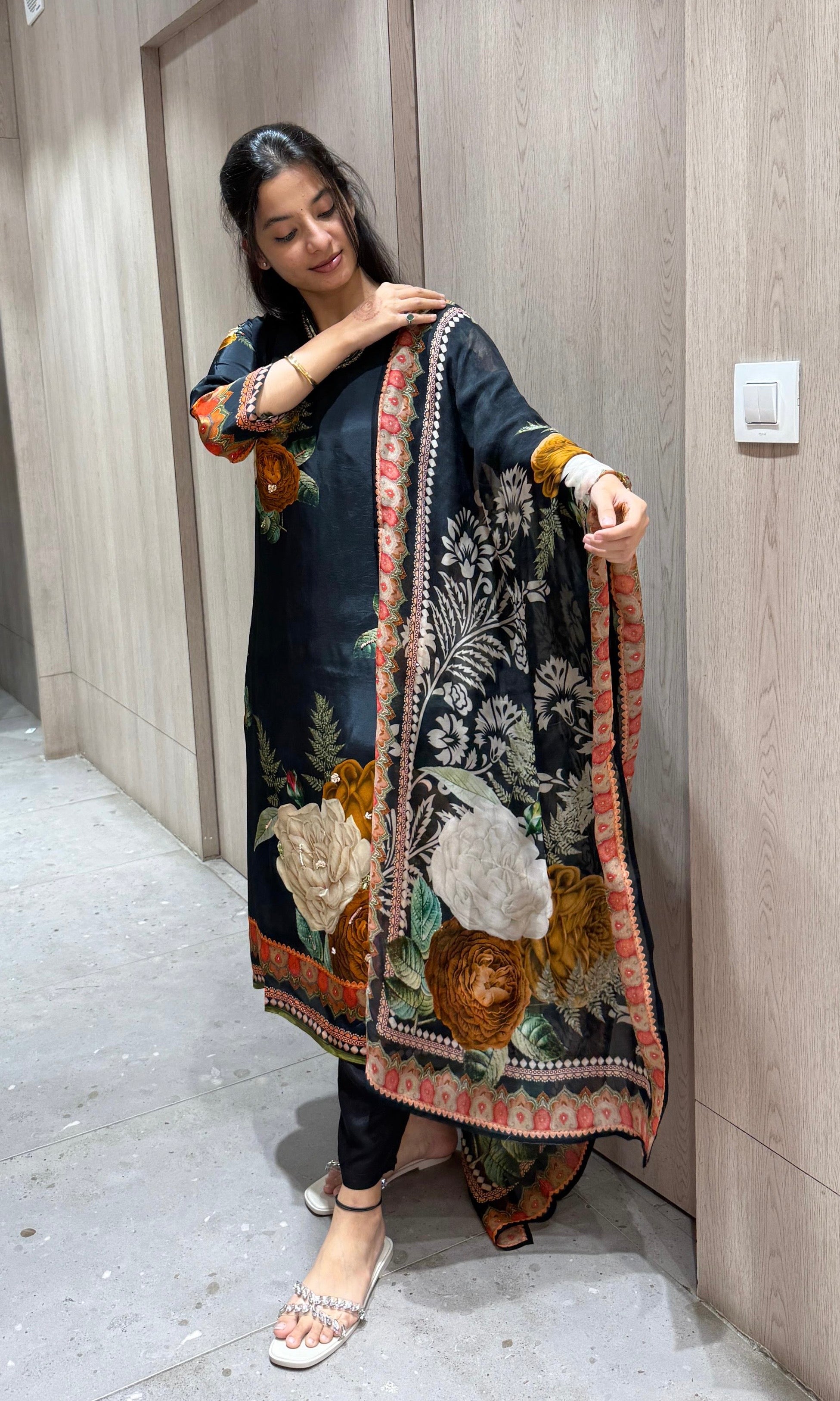 Black Elegant Floral Printed KURTA SET