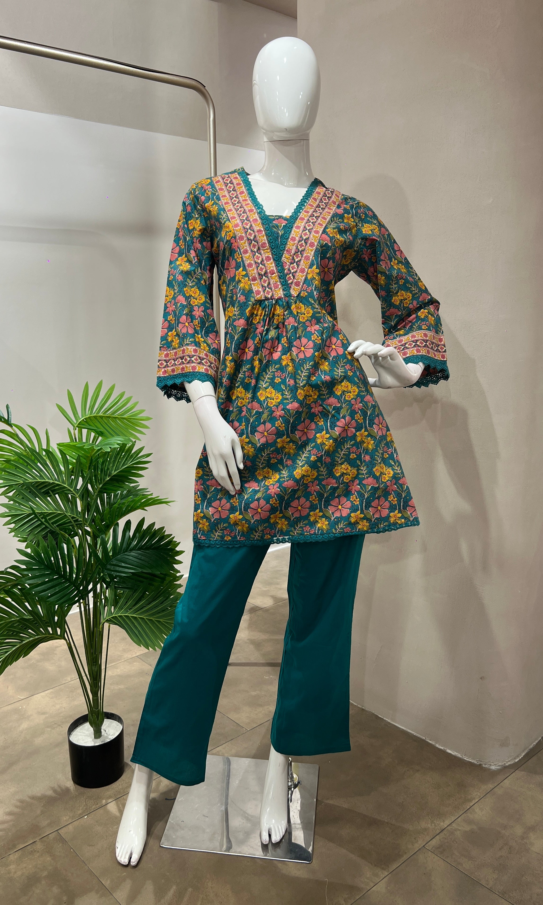 Green FLORAL KURTI WITH BOTTOM