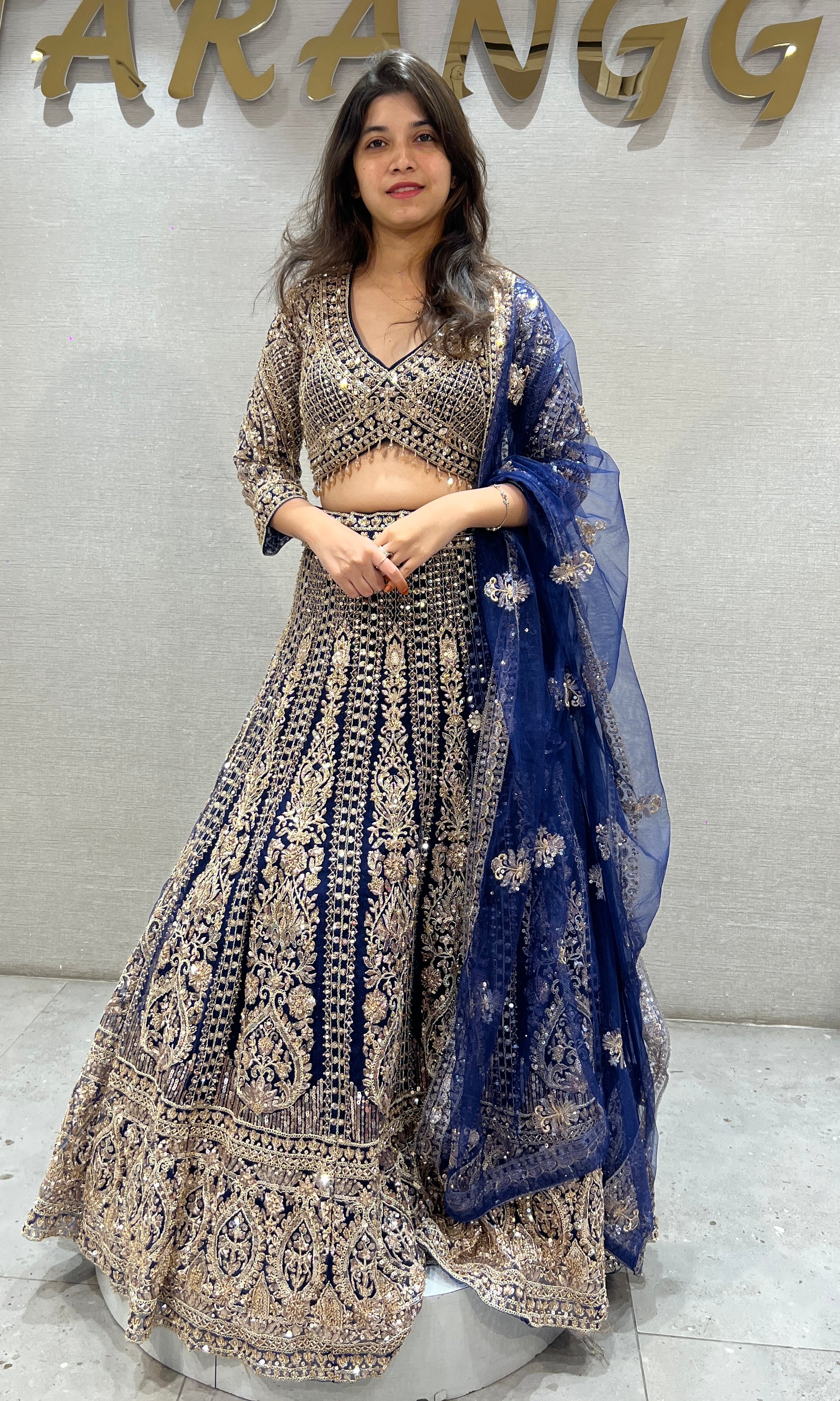 Navy Blue and Gold Heavy Embroidered Lehenga Choli Set