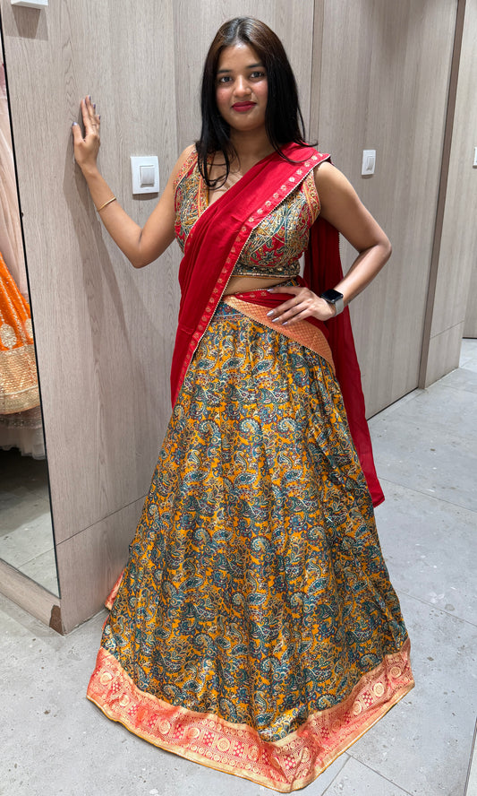 ⭐️Mustard yellow lehanga with red dupatta🍒