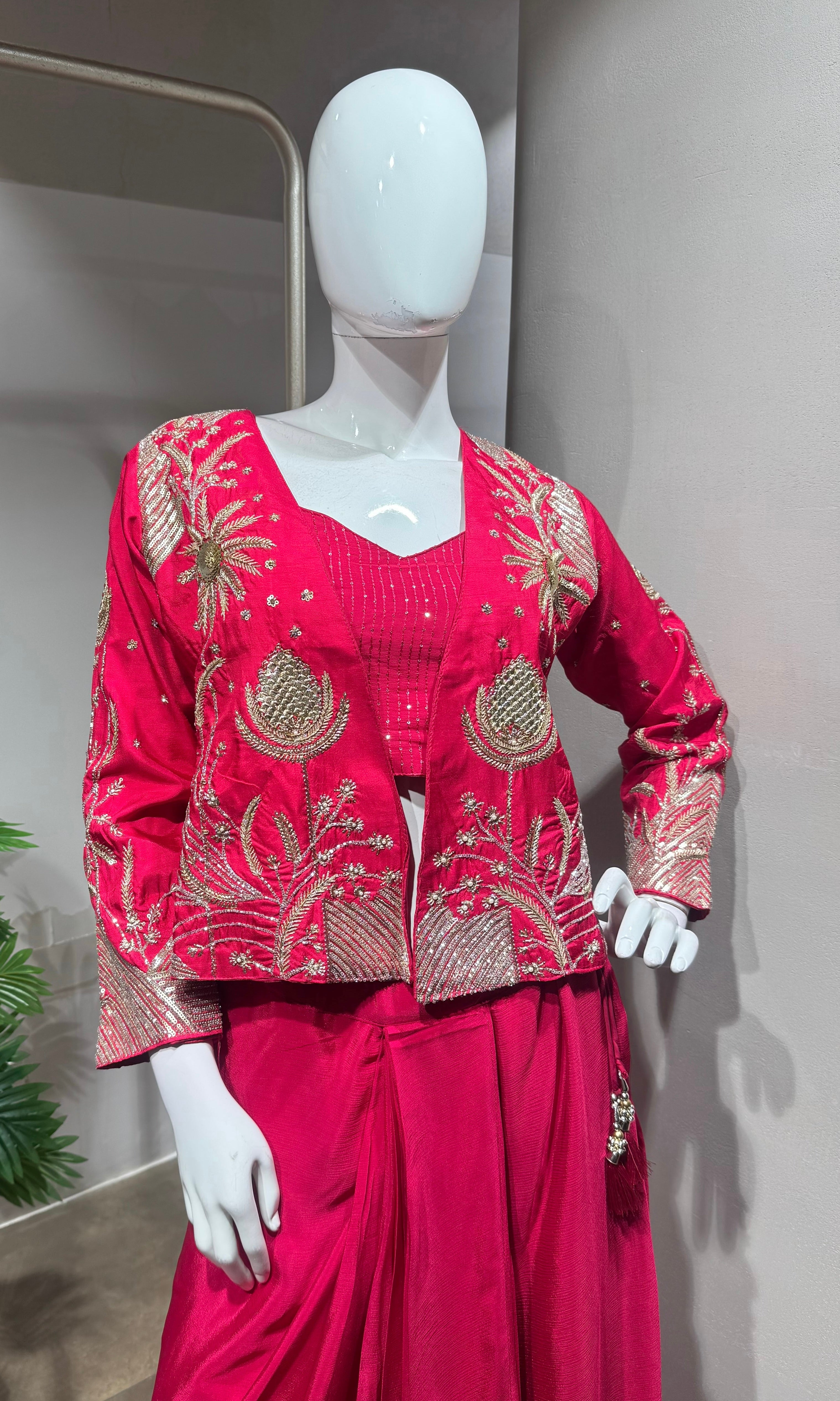Rani Pink Indo-Western Set with Pearl Jacket