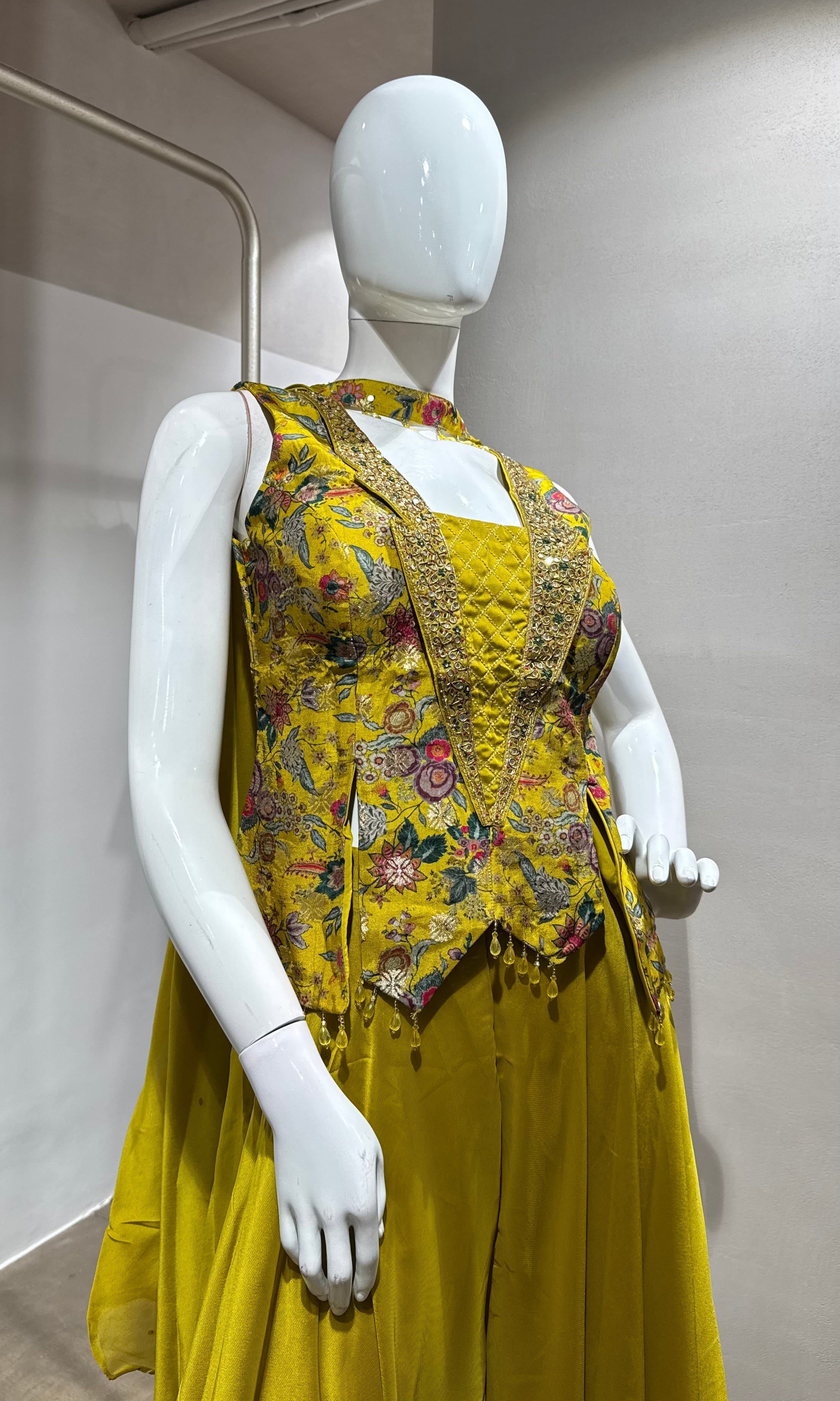 YELLOW EMBROIDERED PEPLUM PALAZZO SET