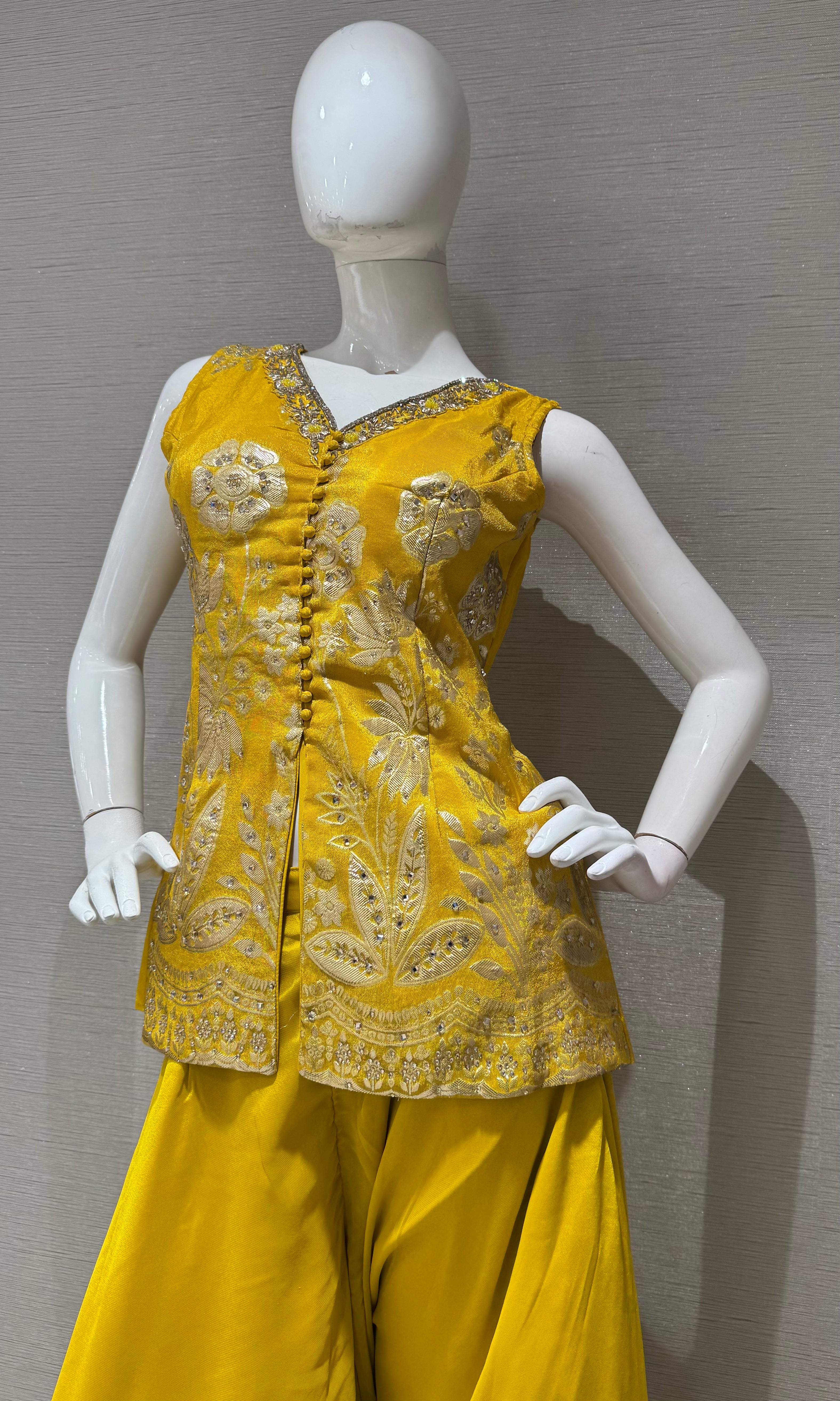 Yellow Embroidered Short Peplum Palazzo Set with Dupatta