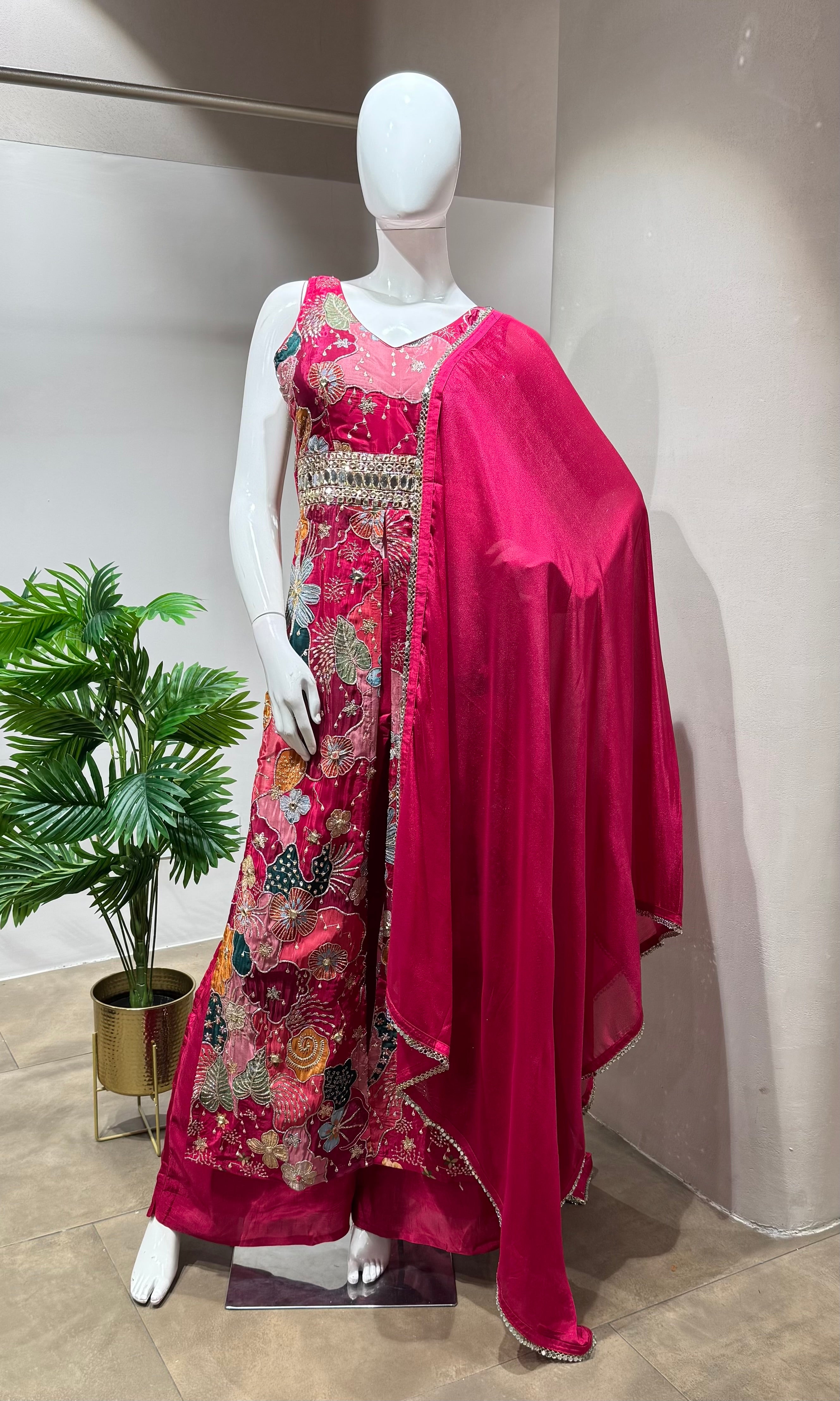 Rani pink  floral embroidery palazzo set
