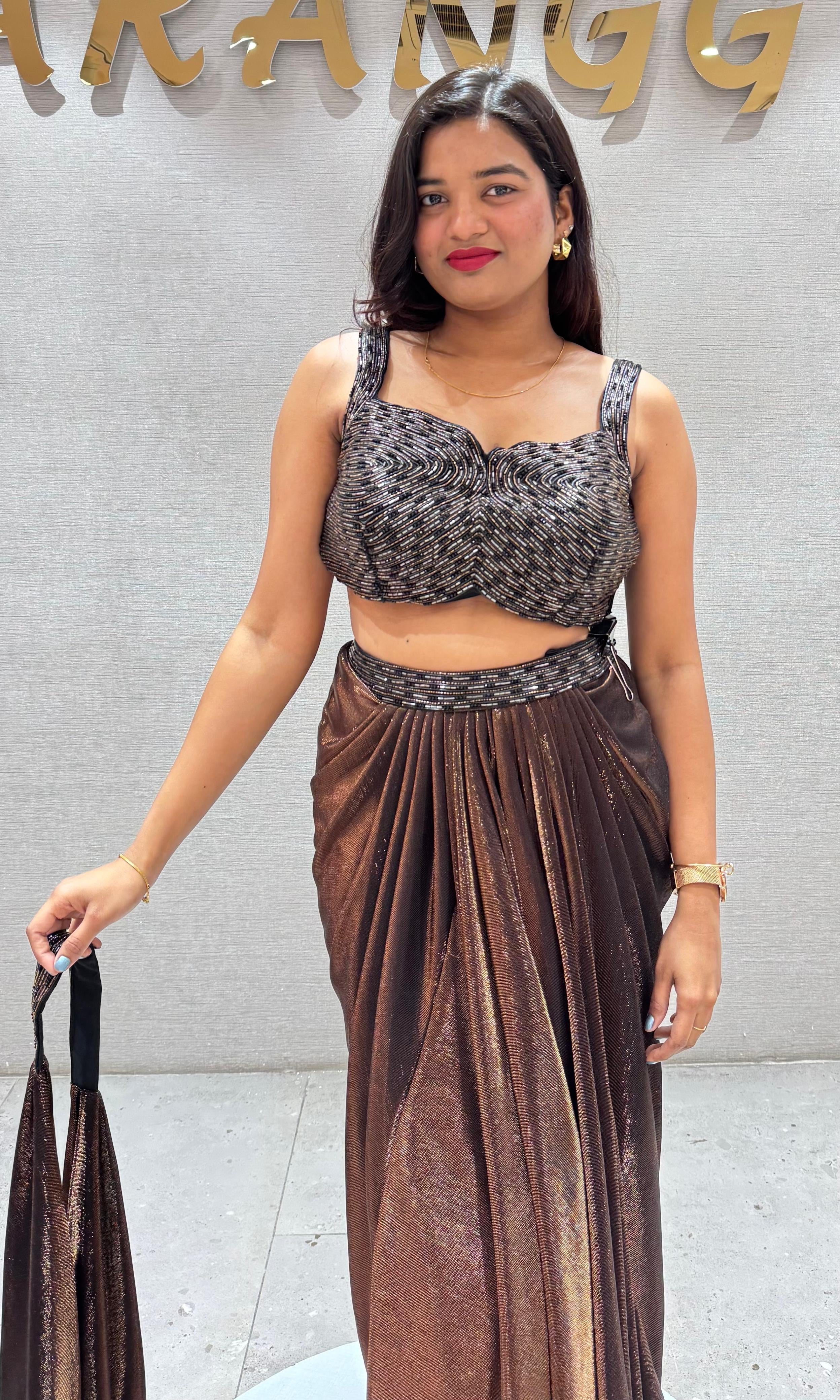 Brown SHIMMERING DRAPE SKIRT WITH BLOUSE