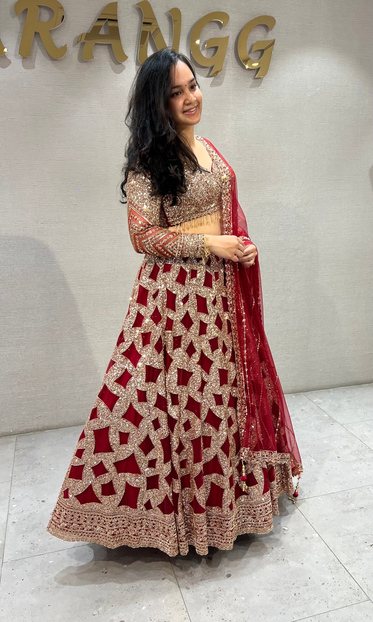 Maroon Geometric golden Bridal Lehenga