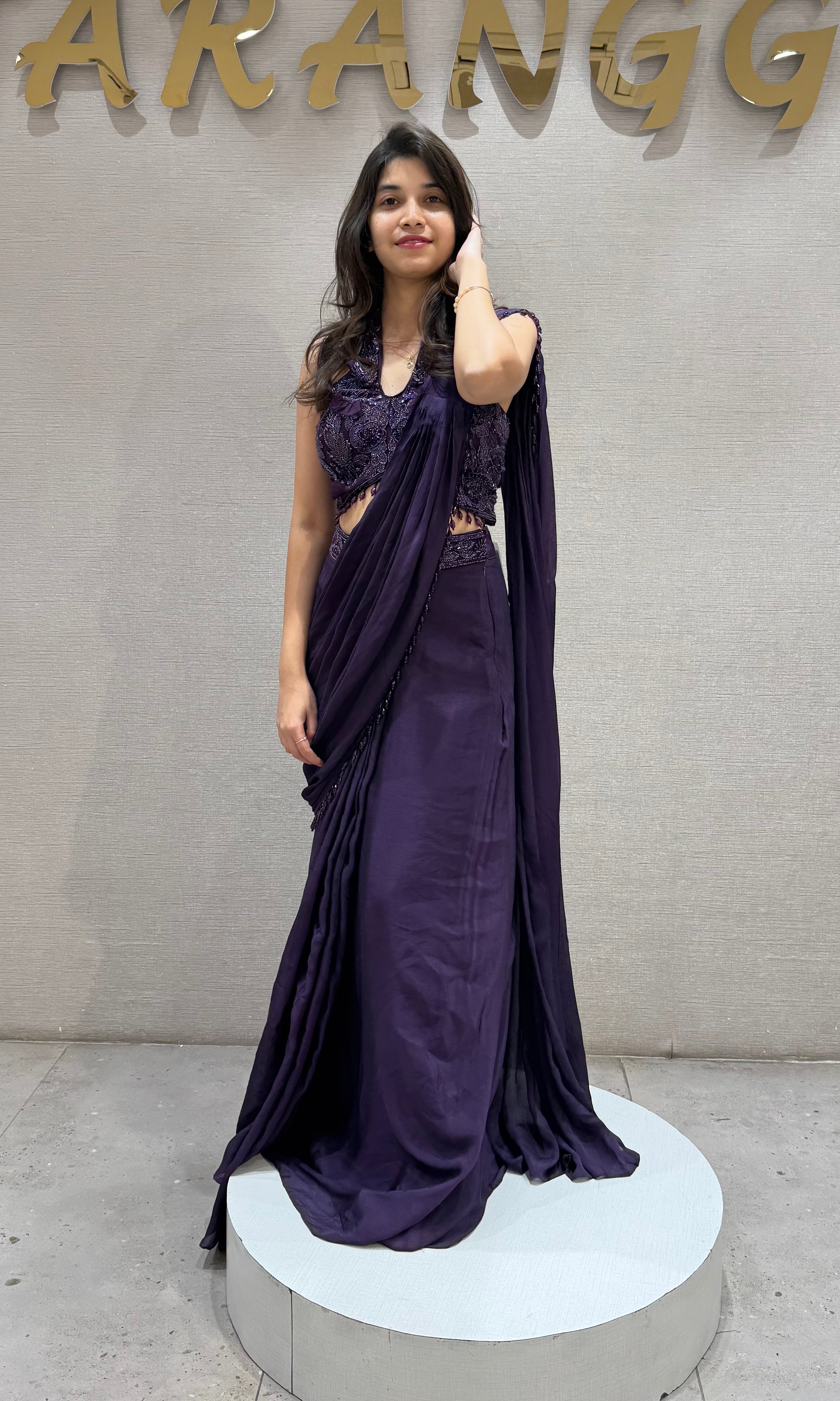 Wine Embellished Ruffle Drape Saree