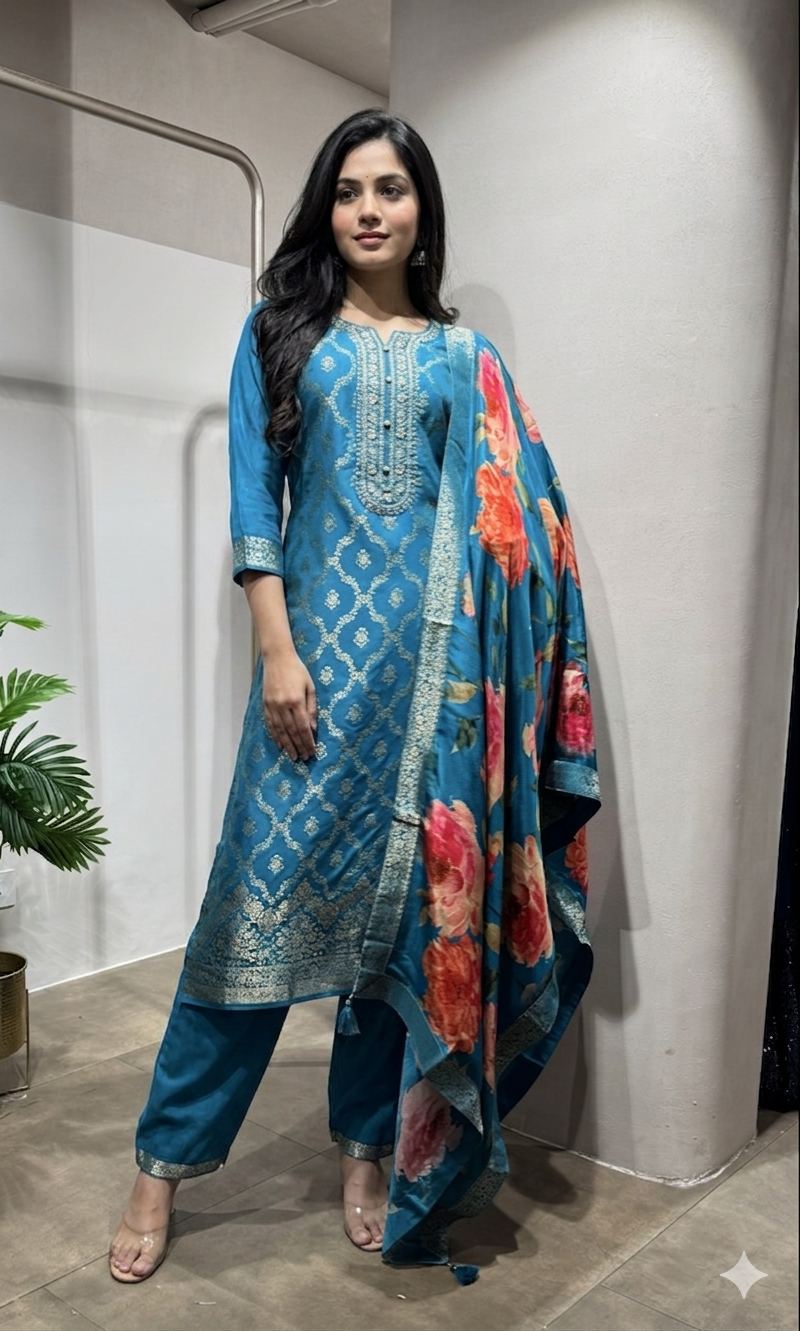 Rama blue Banarasi silk kurta set with DUPATTA