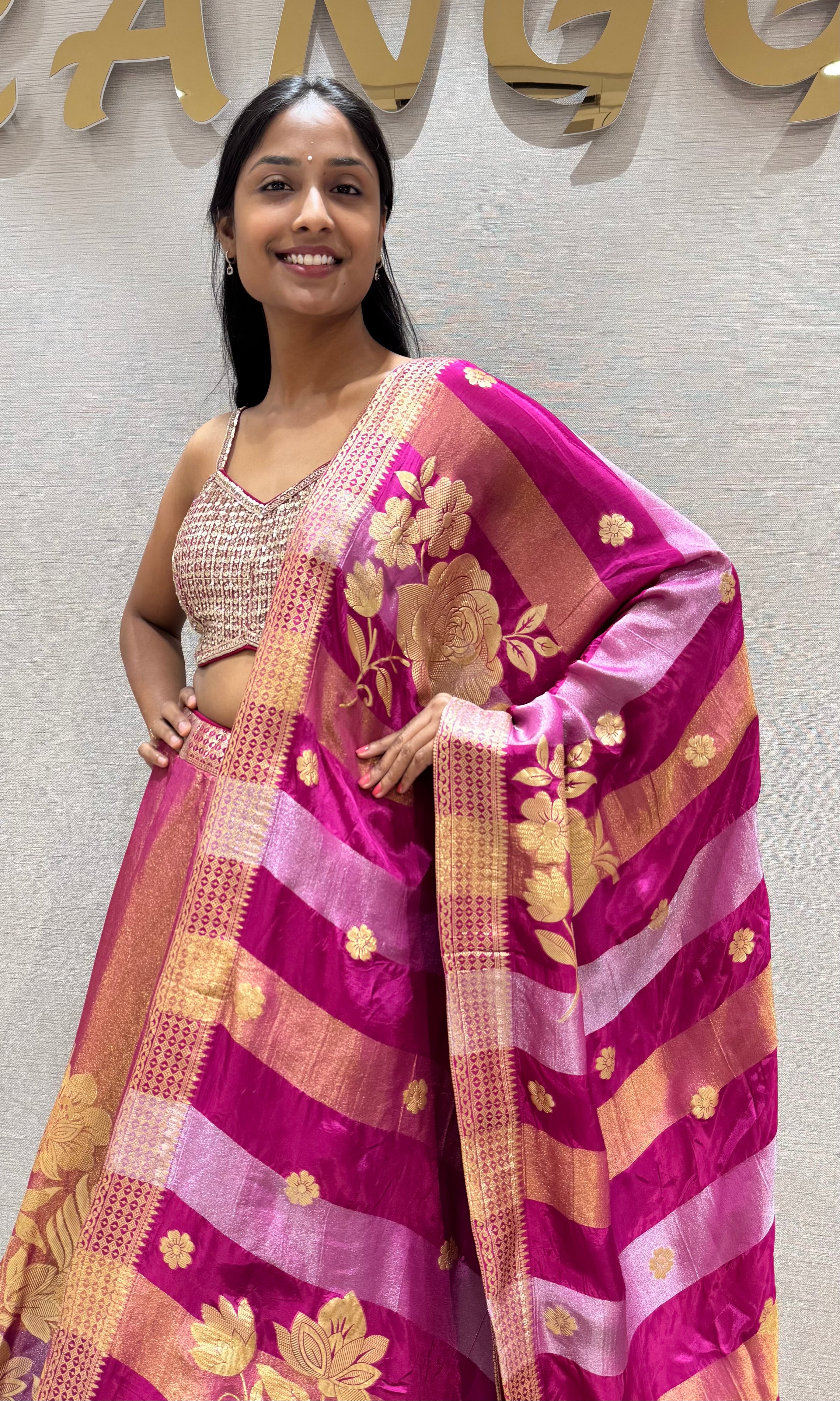 Fuchsia PINK and Gold Floral Banarasi Silk Lehenga