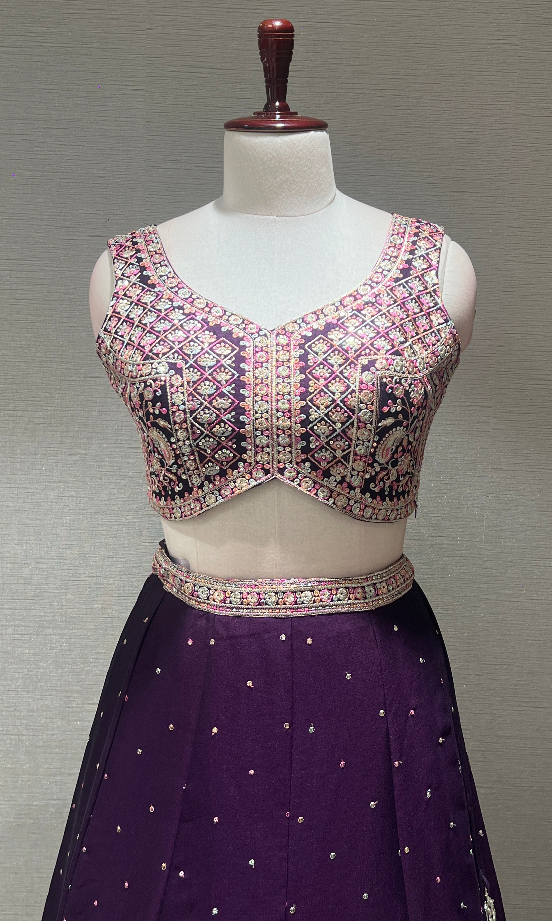 Wine Mirrorwork Embroidered Lehenga Set