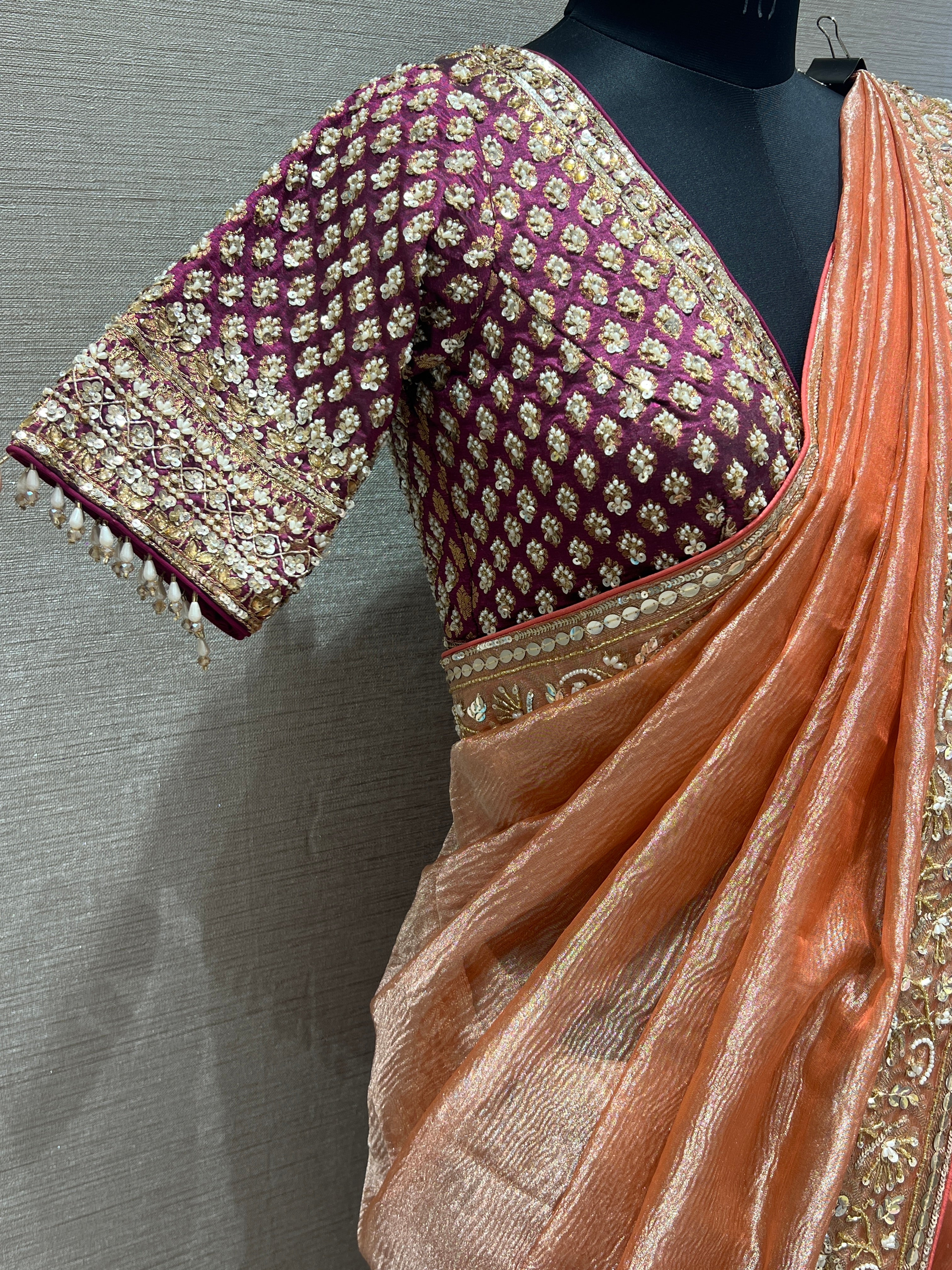 Wine and rust orange saree with ready blouse 1888
