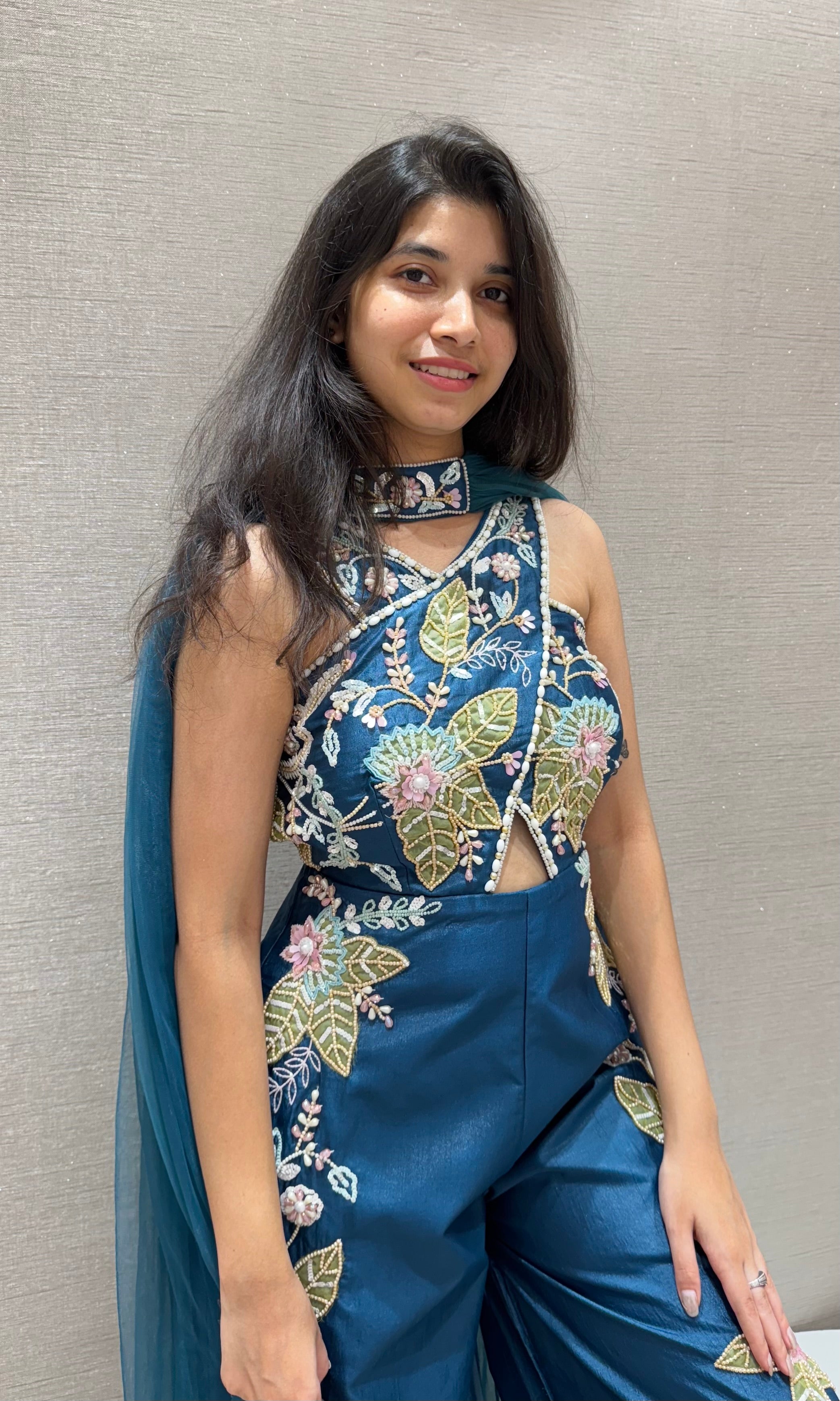 Teal blue Halter embellished jumpsuit