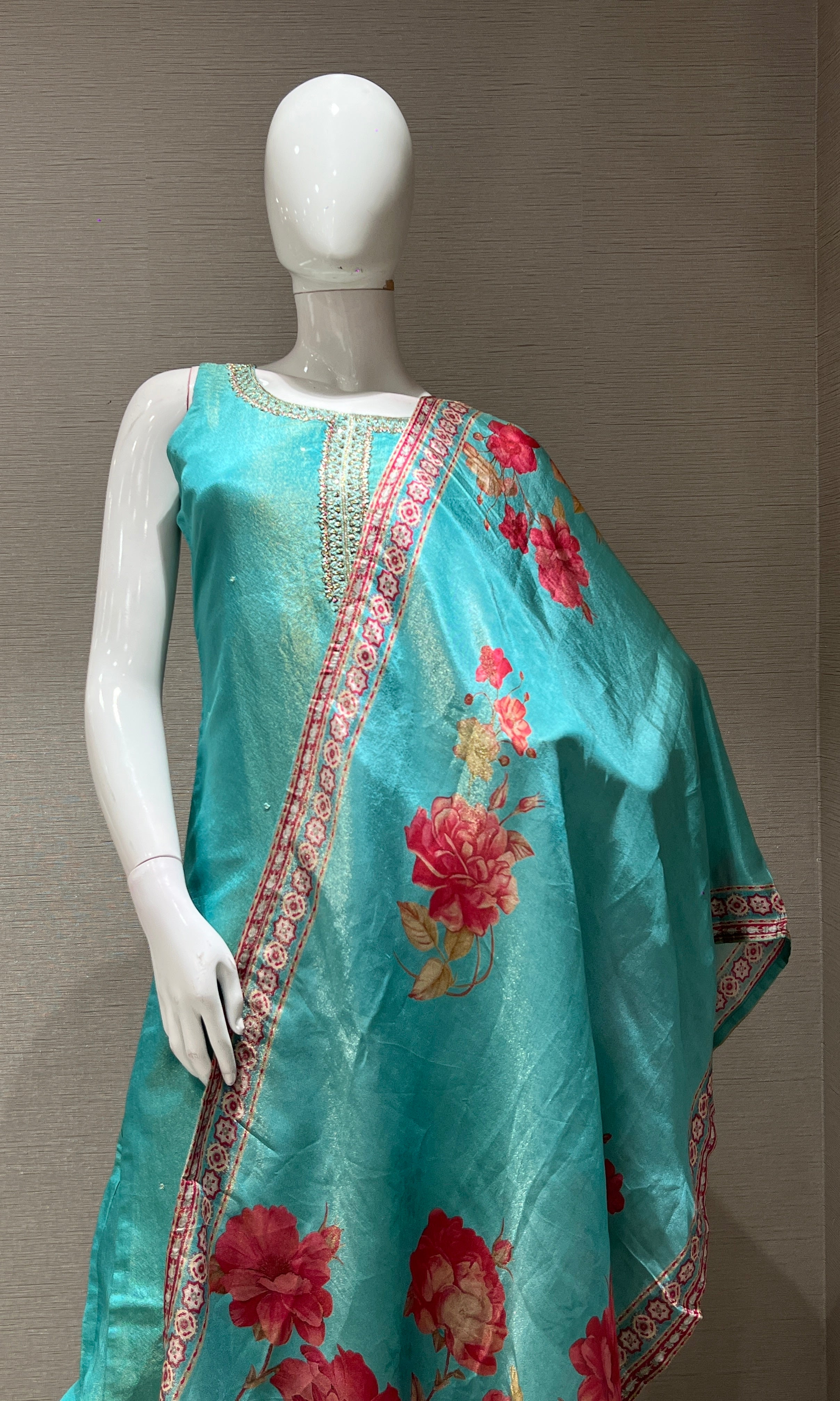 sea blue kurta set with floral printed dupatta